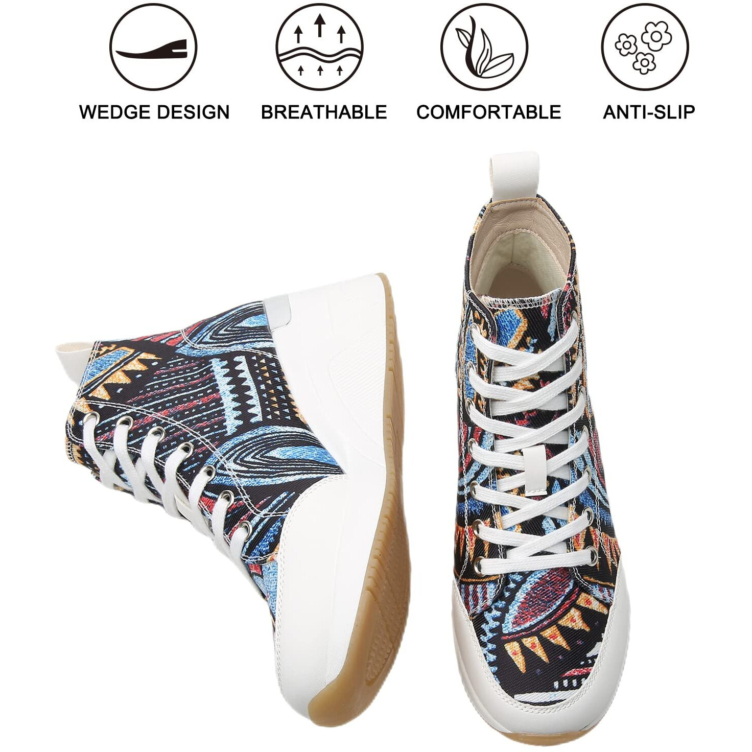 Cestfini Graffiti High Top Wedge Sneakers For Women Breathable White Black Platform Sneakers Lace Up Womens Canvas Shoes