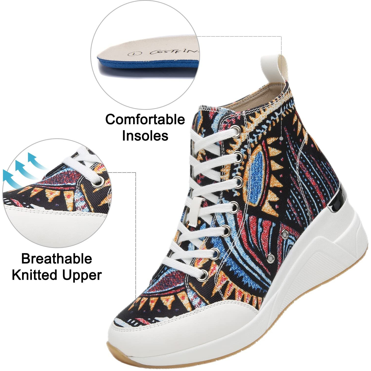 Cestfini Graffiti High Top Wedge Sneakers For Women Breathable White Black Platform Sneakers Lace Up Womens Canvas Shoes