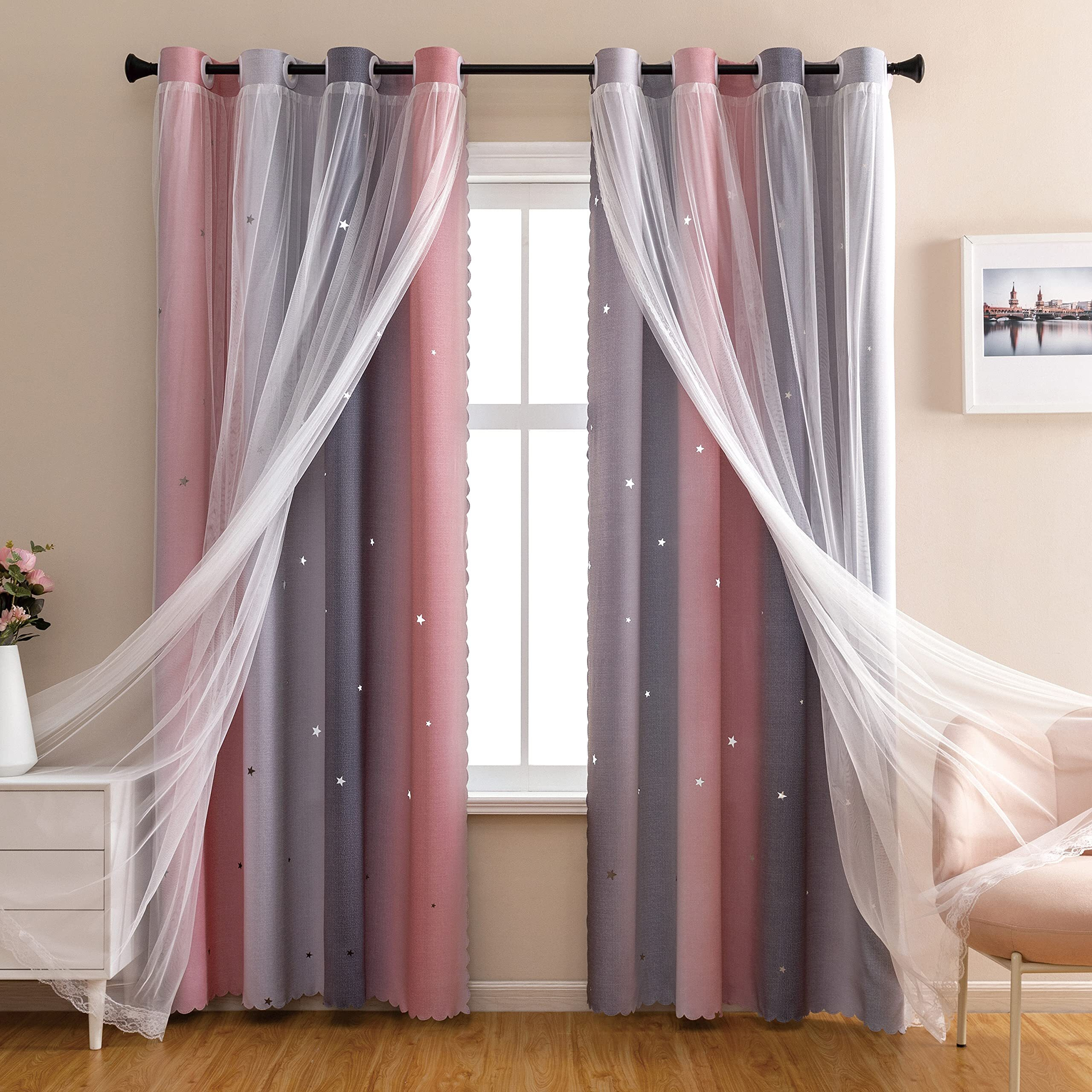 Xidi Dream Star Blackout Curtains For Kids Rooms Girl Princess Curtain For Daughter Bedroom Window (Pink Grey, W52 X L63)