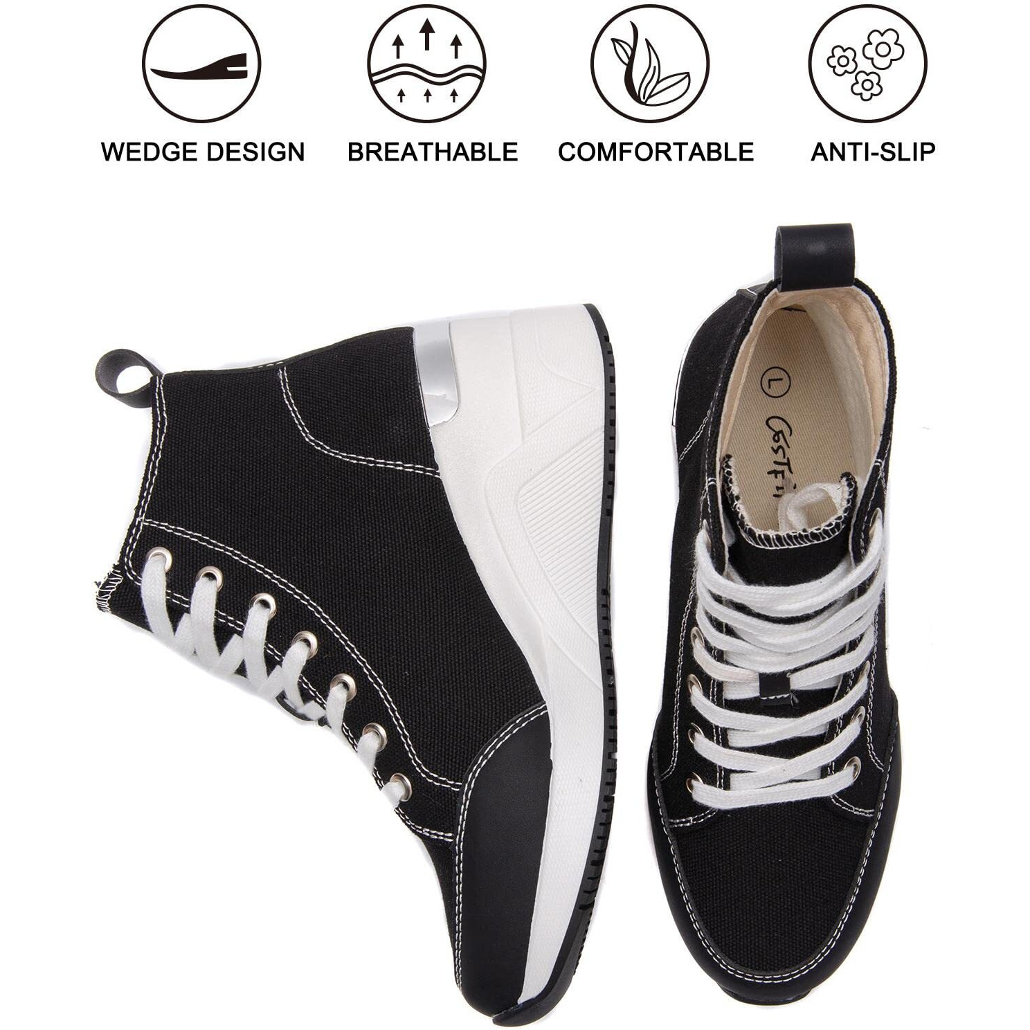 Black High Top Canvas Wedge Sneakers For Women Canvas Shoes Non-Slip Lace Up Platform Sneakers