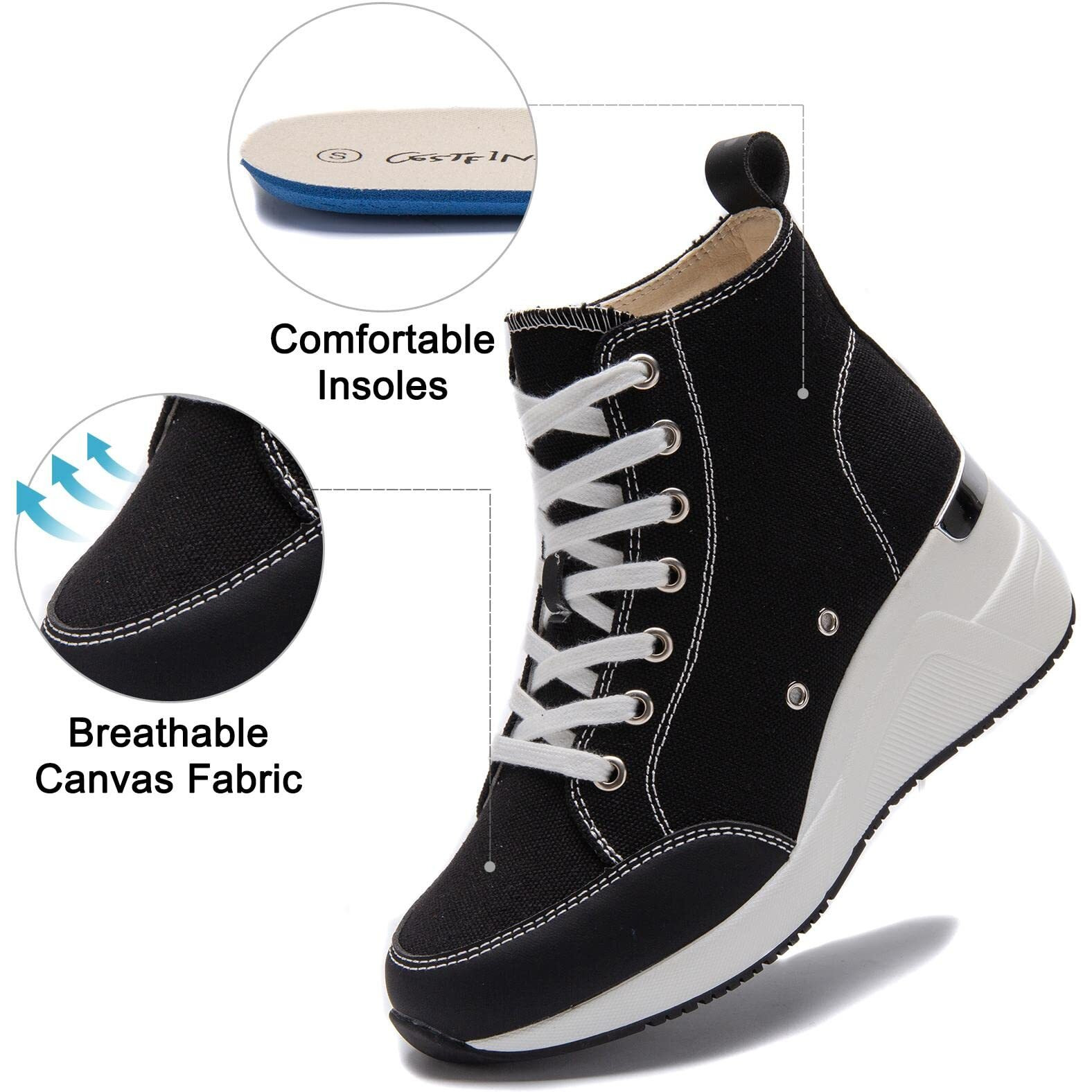Black High Top Canvas Wedge Sneakers For Women Canvas Shoes Non-Slip Lace Up Platform Sneakers