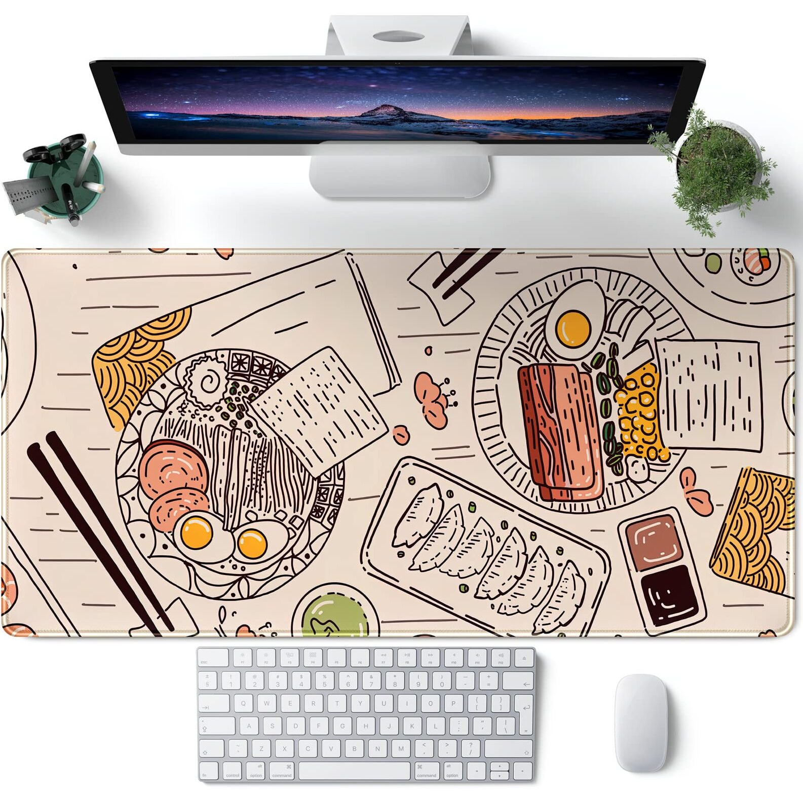 Japanese Ramen Sushi Food Desk Mat Beige Xl Mouse Pad Large Full Desk Mousepad Gaming Extended Keyboard Mouse Mat Desk Pad For Computer Laptop 31.5''X15.7'' Non-Slip Rubber Base With Stitched Edges