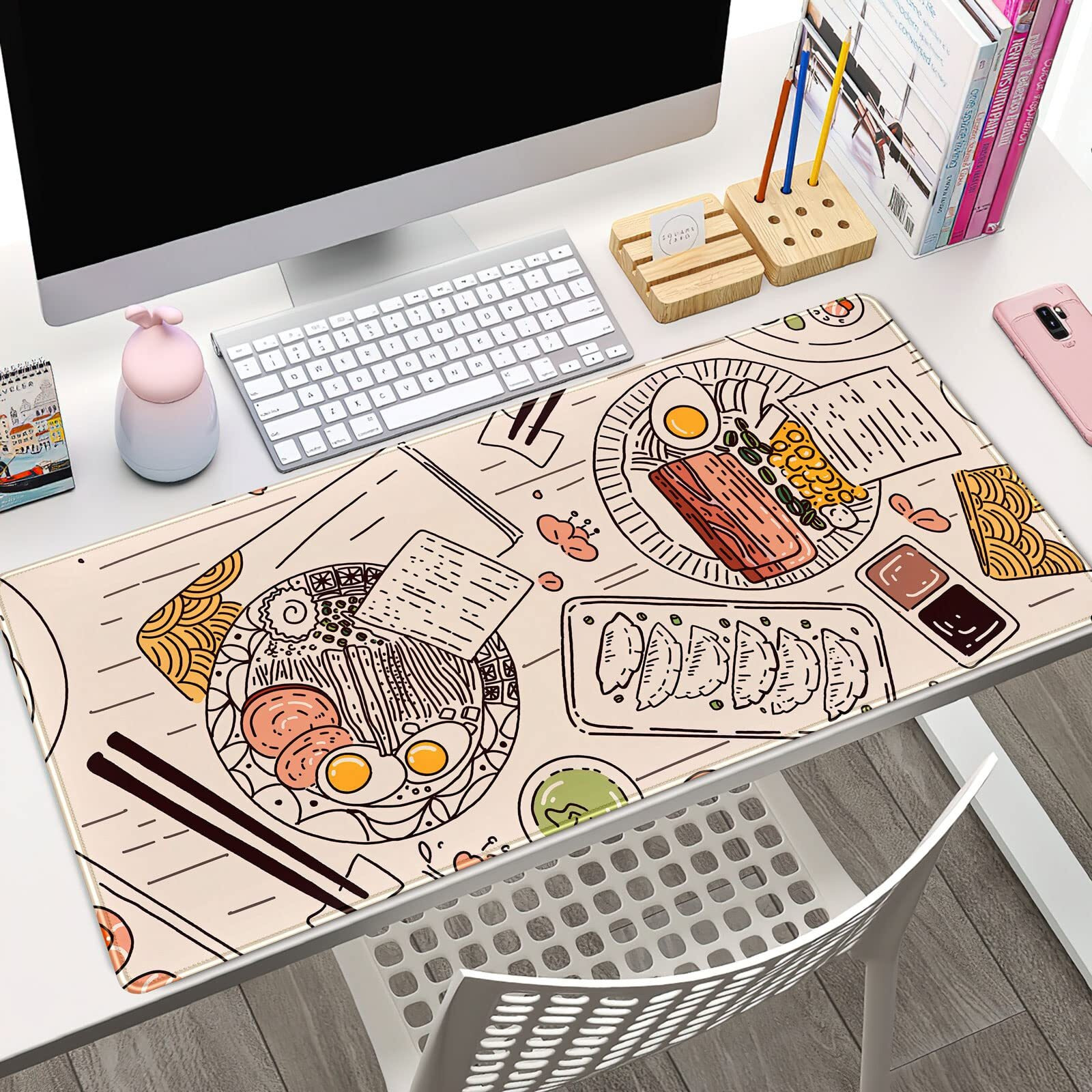 Japanese Ramen Sushi Food Desk Mat Beige Xl Mouse Pad Large Full Desk Mousepad Gaming Extended Keyboard Mouse Mat Desk Pad For Computer Laptop 31.5''X15.7'' Non-Slip Rubber Base With Stitched Edges
