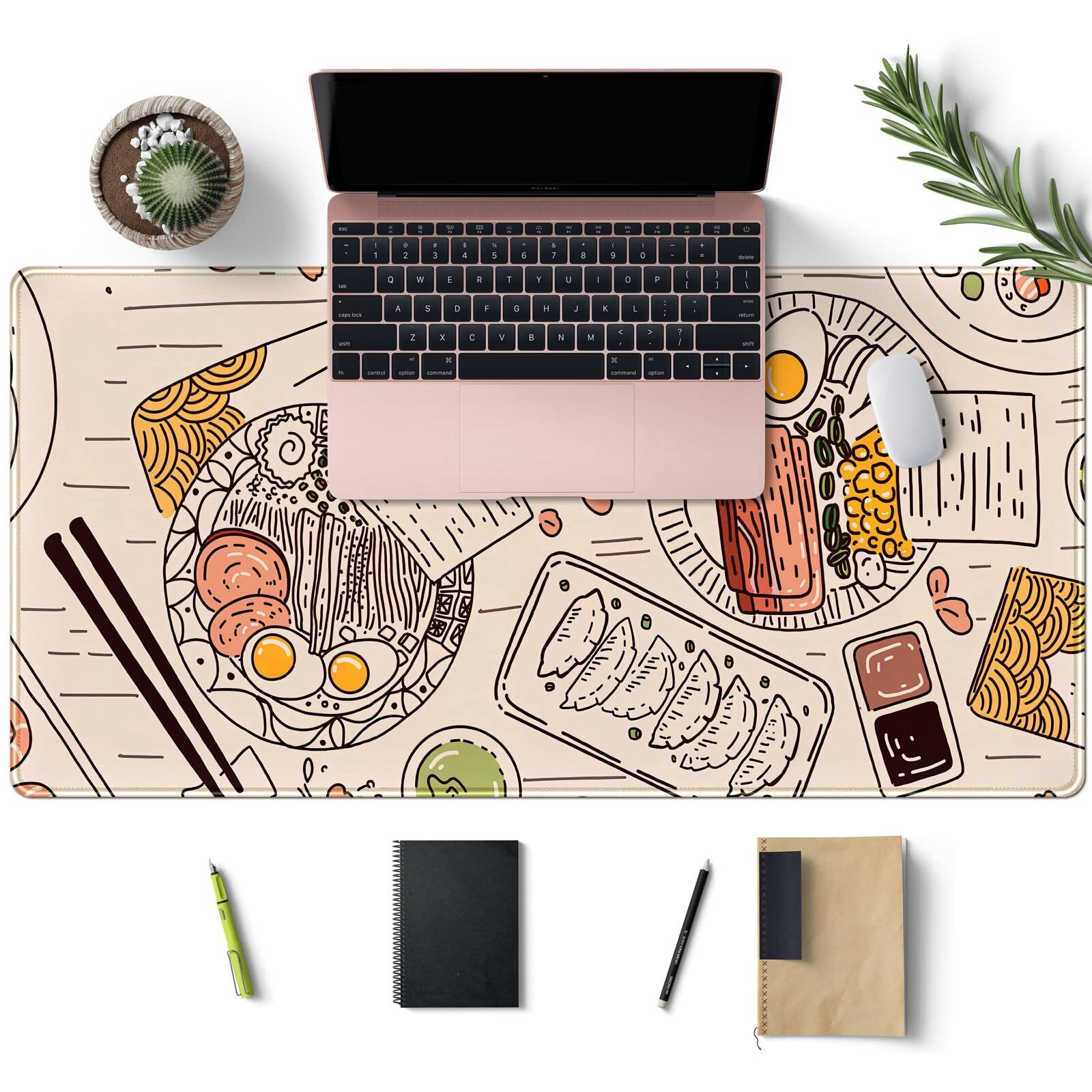 Japanese Ramen Sushi Food Desk Mat Beige Xl Mouse Pad Large Full Desk Mousepad Gaming Extended Keyboard Mouse Mat Desk Pad For Computer Laptop 31.5''X15.7'' Non-Slip Rubber Base With Stitched Edges