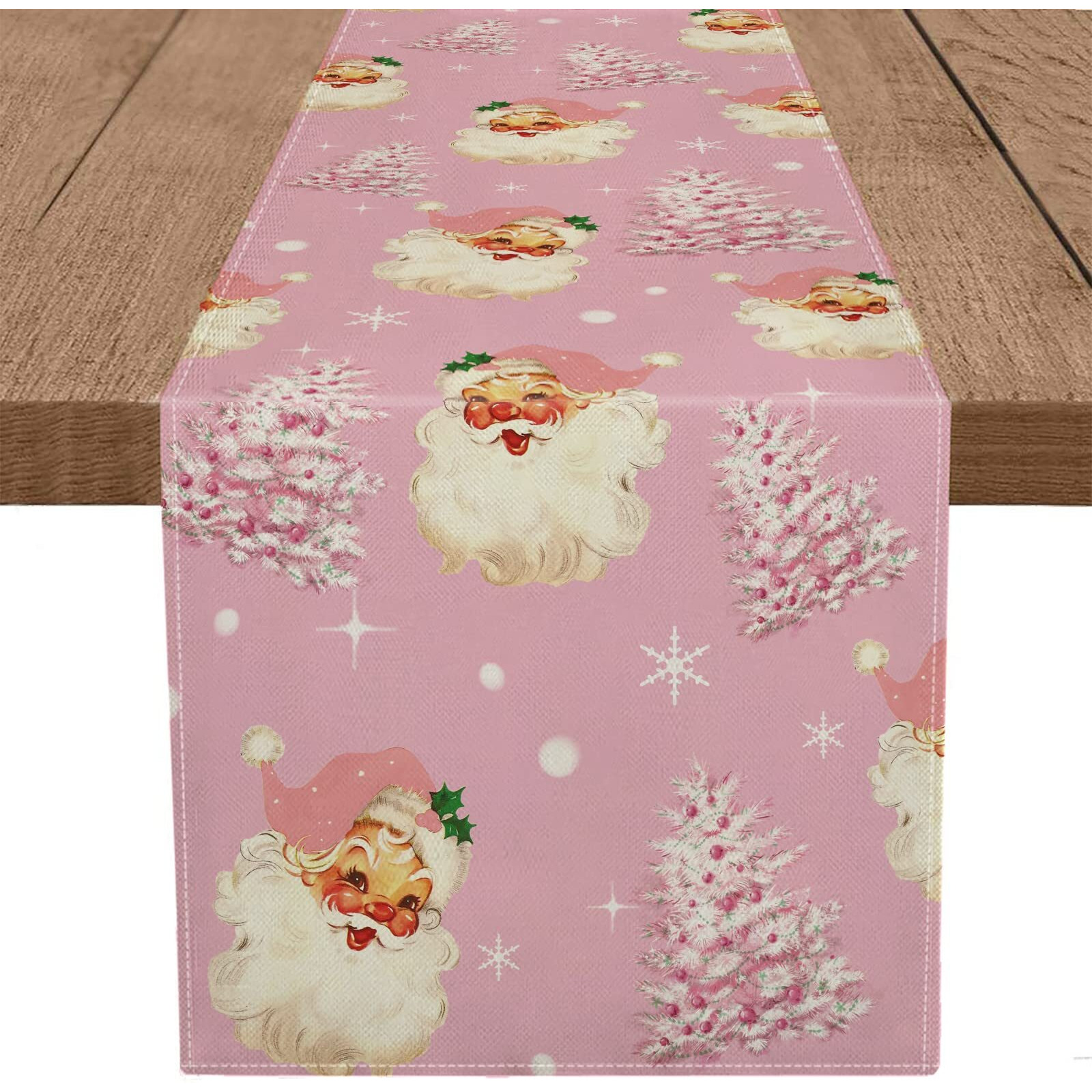 Christmas Table Runner Santa Claus Merry Christmas Tree Snowflake Pink Long Runners For Winter Xmas Home Kitchen Dining Party Decor 13 X 90 Inch