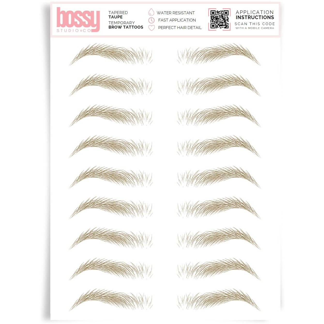 Brows By Bossy Studio & Co Temporary Eyebrow Tattoos Waterproof Eyebrow Stickers, False Tattoos Hair Like Peel Off Instant Transfer Brow Tapered Taupe