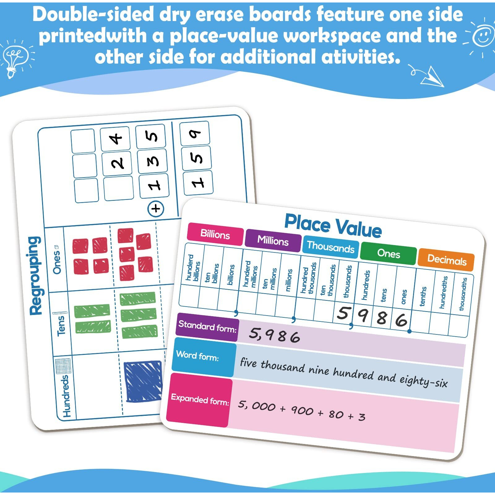 Dry Erase Place Value Whiteboard,9" X 12" Double Sided Dry Erase Boards For Kids For Teaching Place Values From Billions To Decimal Numbers,Math Manipulatives White Board For Students
