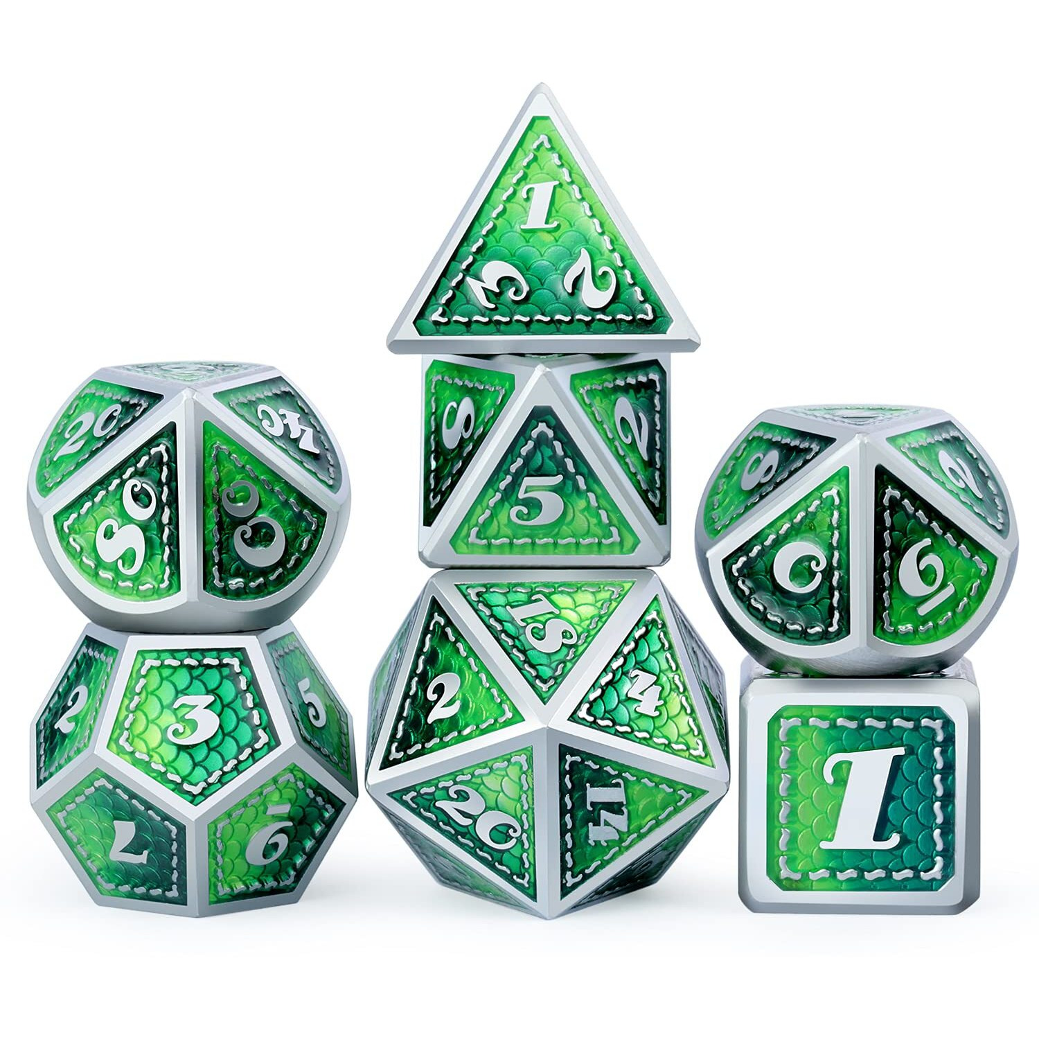 Dnd Metal Dice Set With Gift Metal Tin Dndnd Metallic Dungeons And Dragons Dice Set For D&D Game (Neno Green & Green With Matt Silver Edge)