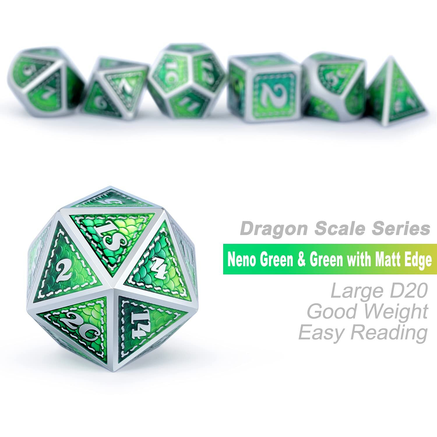 Dnd Metal Dice Set With Gift Metal Tin Dndnd Metallic Dungeons And Dragons Dice Set For D&D Game (Neno Green & Green With Matt Silver Edge)