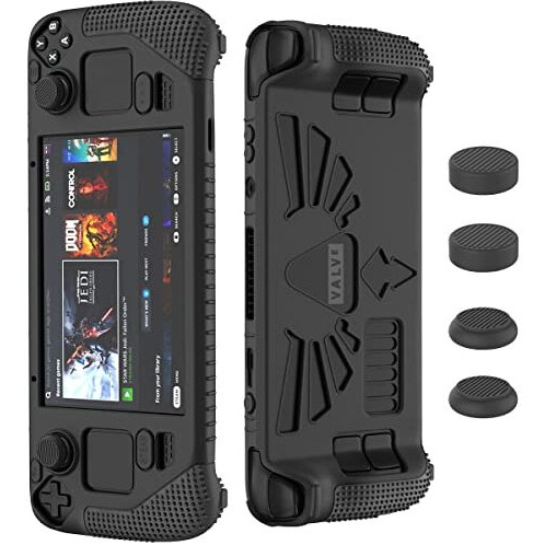 Suihuoji Steam Deck Standing Protective Case, Thickening Silicone Accessories Protector, Soft Cover Skin Shell With 2 Pairs Thumb Grips, Full Protection Kit To Anti-Slip For Valve Stream Deck (Black)