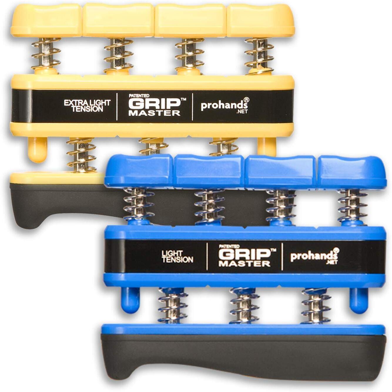 Prohands Gripmaster Hand Exerciser, Finger Exerciser (Hand Grip Strengthener), Spring-Loaded, Finger-Piston System, Isolate And Exercise Each Finger, (Set Of 2) (Yellow, Blue)