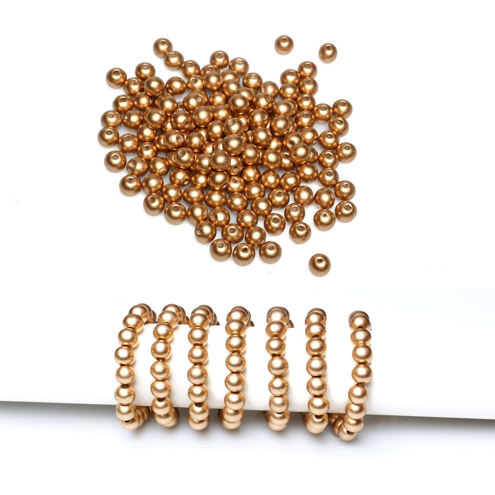 300Pcs 10Mm Gold Wood Beads Round Ball Wooden Loose Beads For Necklace Bracelet Home Decor ( 3Mm Hole )