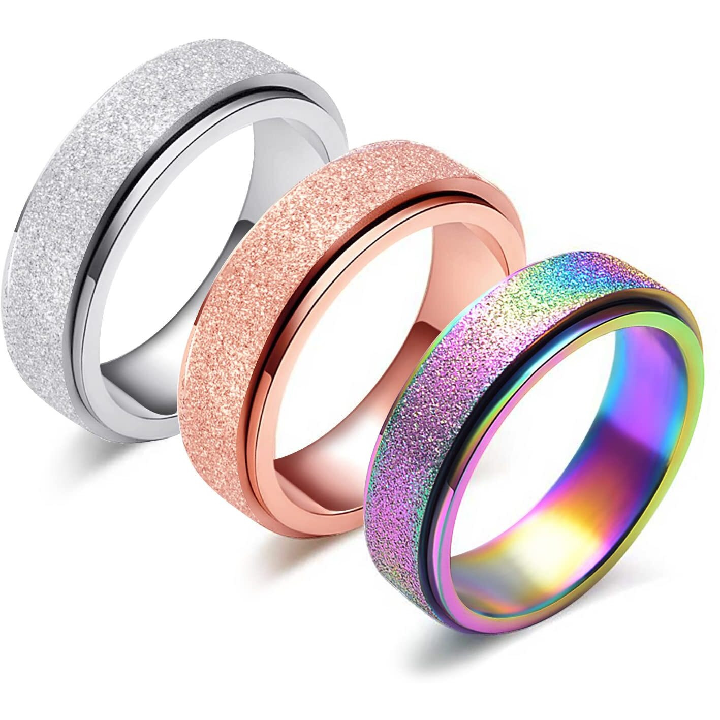 Laoyou Spinner Ring For Women Anxiety Relief - 6Mm Stainless Steel Glitter Rose Gold Silver Rainbow 3Pcs Fidget Rings Band Pack Mothers Day Birthday Gifts For Mom Daughter Girlfriend Girls Size 5