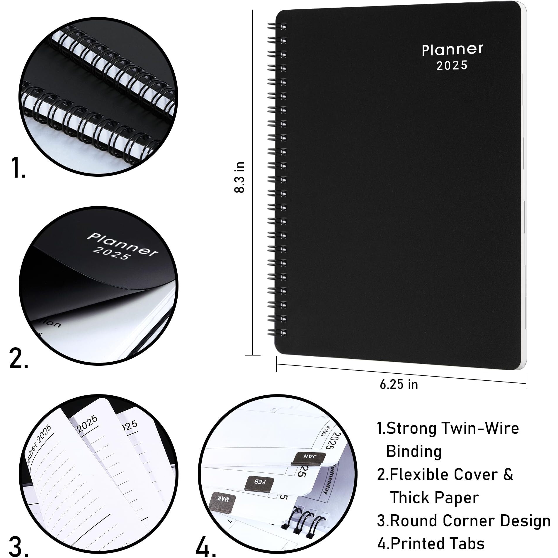 2025 Planner - Weekly & Monthly Planner 2025, Planner 2025, From January 2025 - December 2025, 6.25 In  8.3 In, Flexible Cover, Twin-Wire Binding - Classic Black, Improving Your Time Management Skill