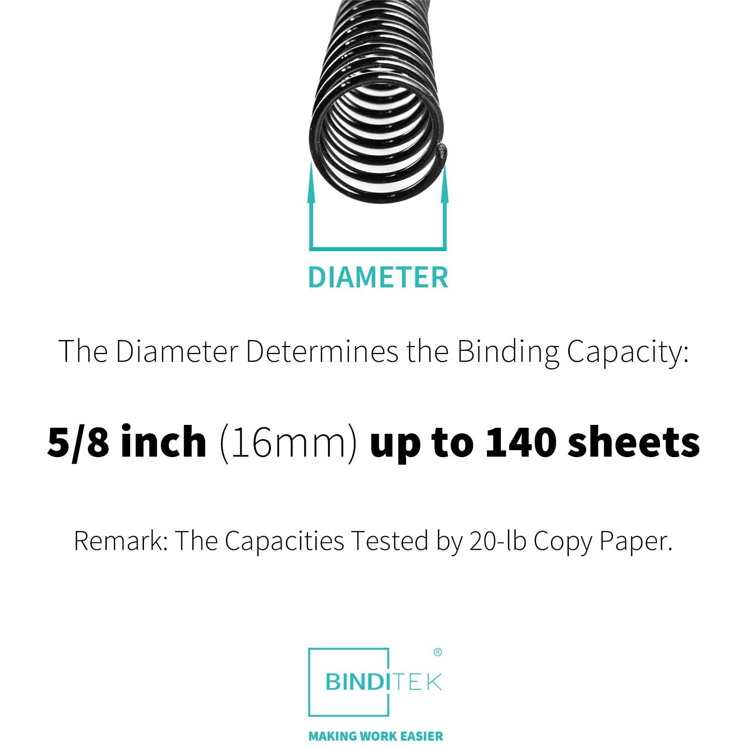 Binditek 50 Pack Plastic Spiral Binding Coils, 16Mm(5/8"), 140 Sheet Capacity, 41 Pitch, Black, 48 Loops, For Letter Size, For Students And Coworkers