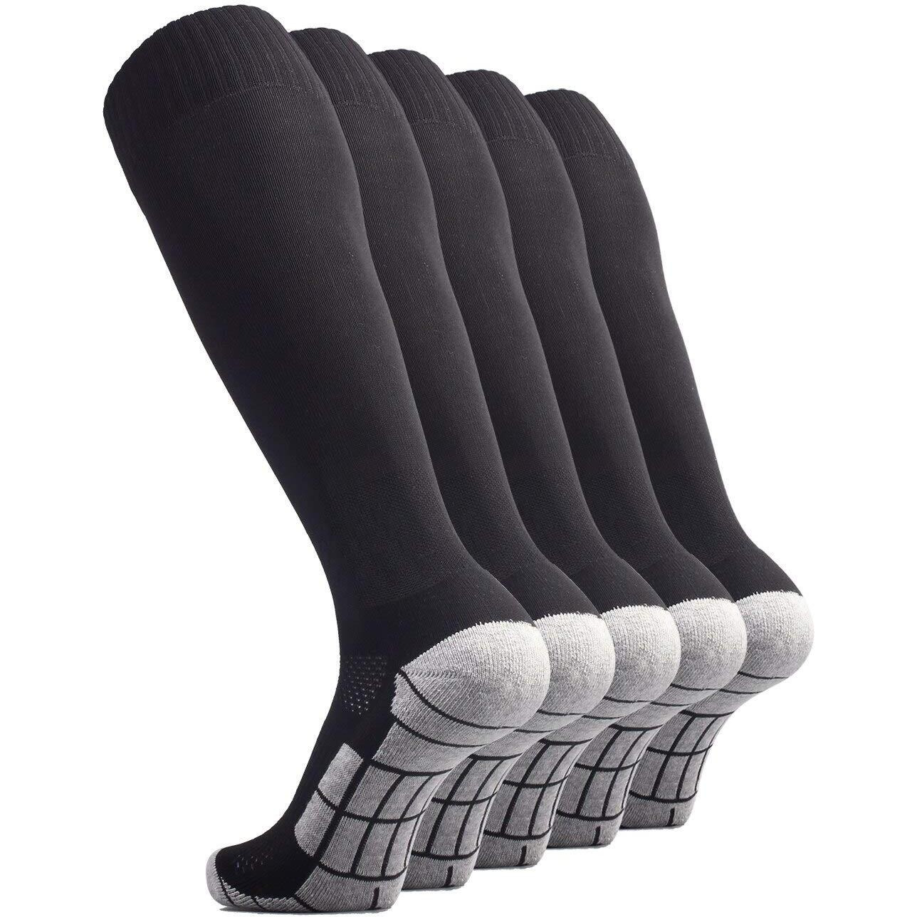 Cwvlc Soccer Socks Mens Womens 5 Pairs Baseball Softball Sport Team Athletic Knee High Long Tube Cotton Compression Socks Black Large (10-13 Women8-12 Men)