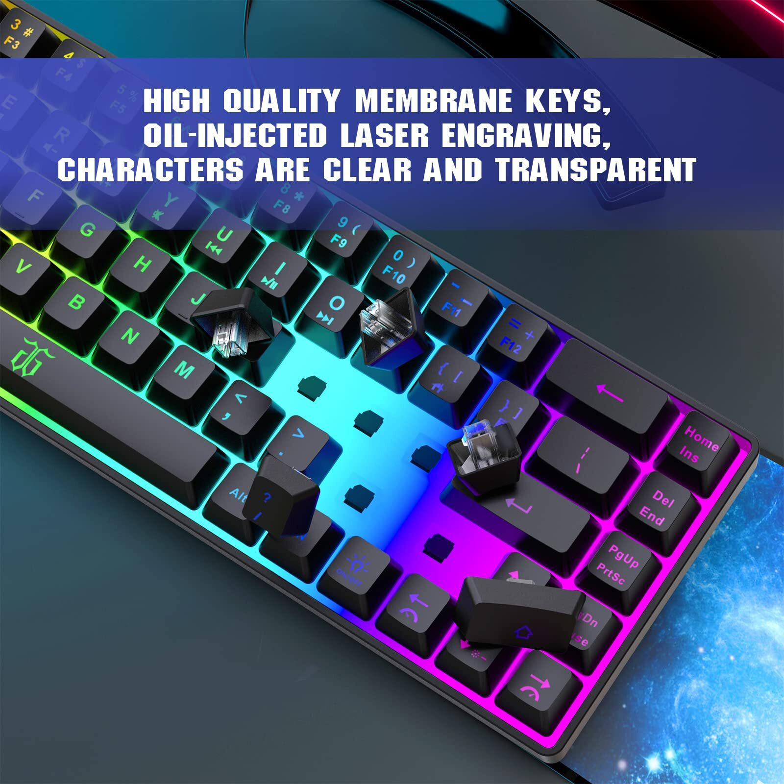 Snpurdiri 60% Gaming Keyboard, Rainbow Backlit Mini Keyboard,Built-In Steel Plate, Membrane Keyboard But Super Mechanical Feel For Windows Pc Gamers(68 Keys, Black Rainbow)