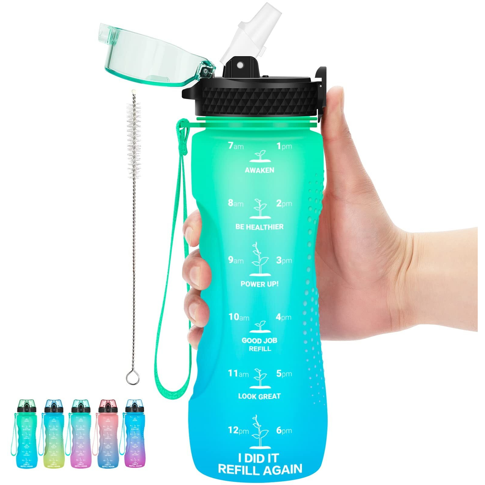 Aideamart 24 Oz Motivational Kids Water Bottle With Time Marker,Straw Lid,Leak Proof, Tritan Bpa Free Sports Water Bottle Green-Blue(1 Lid)