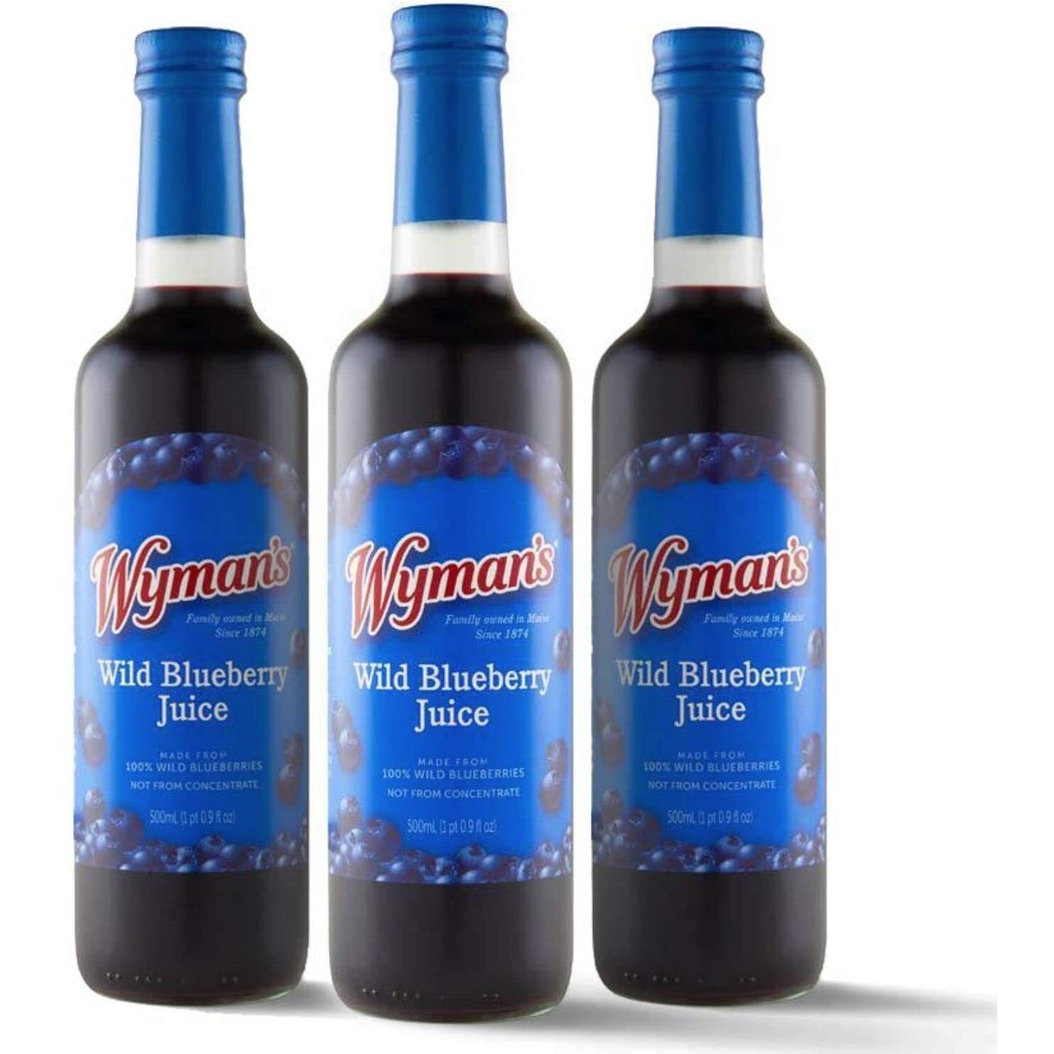 Wymans Wild Blueberry Juice, 100 Juice, No Sugar Added, Not From Concentrate, Glass Bottled, 500Ml (3 Pack)