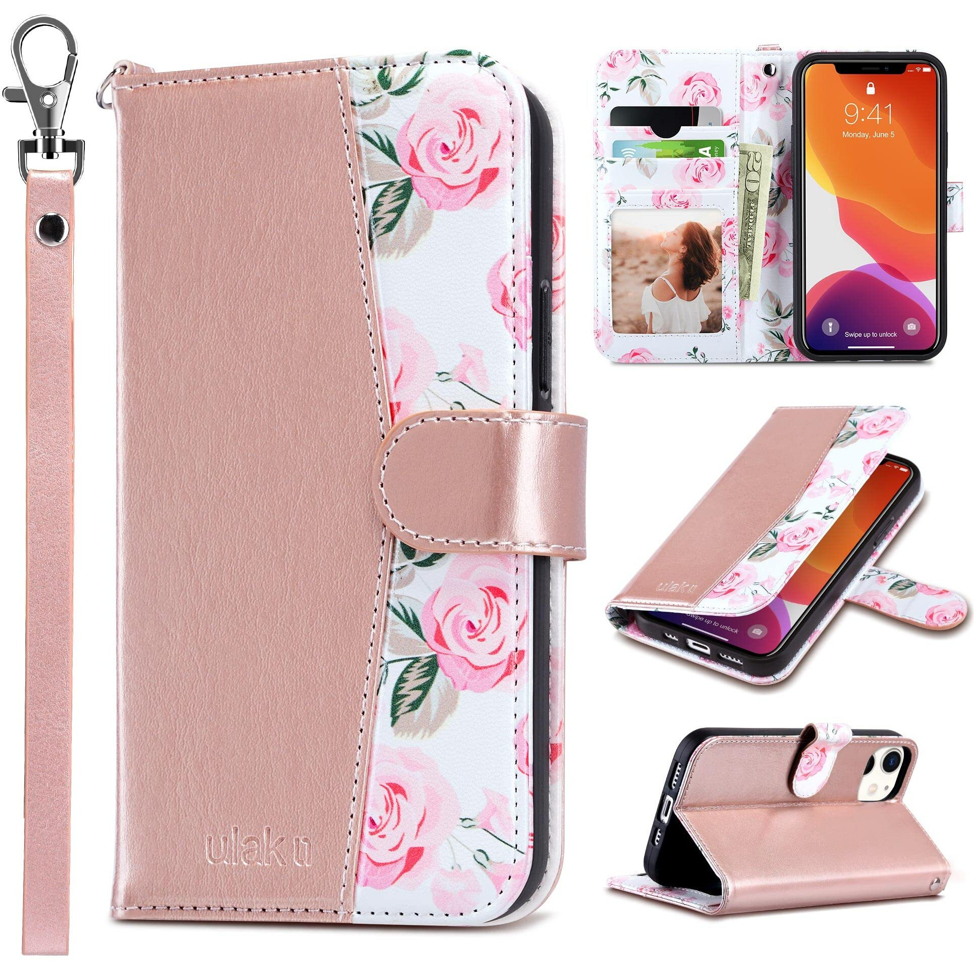Ulak Compatible With Iphone 12 Wallet Case For Women, Premium Pu Leather Iphone 12 Pro Flip Cover With Card Holder, Wrist Strap, Kickstand Shockproof Phone Case For Iphone 1212 Pro 61, Rose Flower