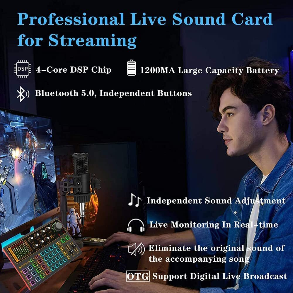 Sound Mixer Board, Led Light Voice Changer Sound Card With Multiple Sound Effects - Live Sound Card