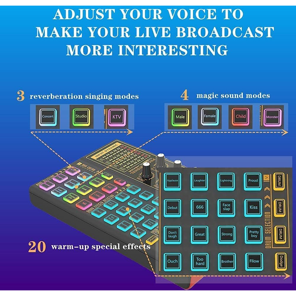 Sound Mixer Board, Led Light Voice Changer Sound Card With Multiple Sound Effects - Live Sound Card