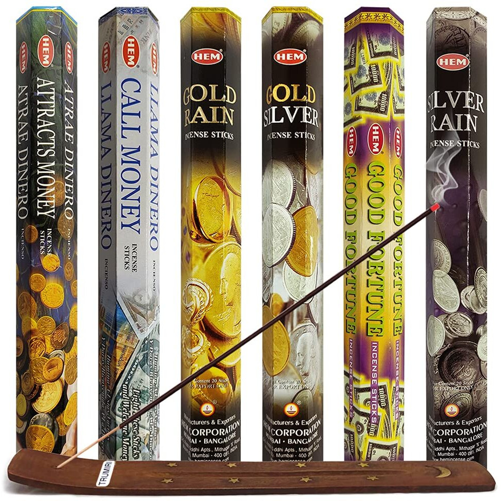 Hem Incense Sticks Variety Pack 29 And Incense Stick Holder Bundle With 6 Money And Good Luck Fragrances