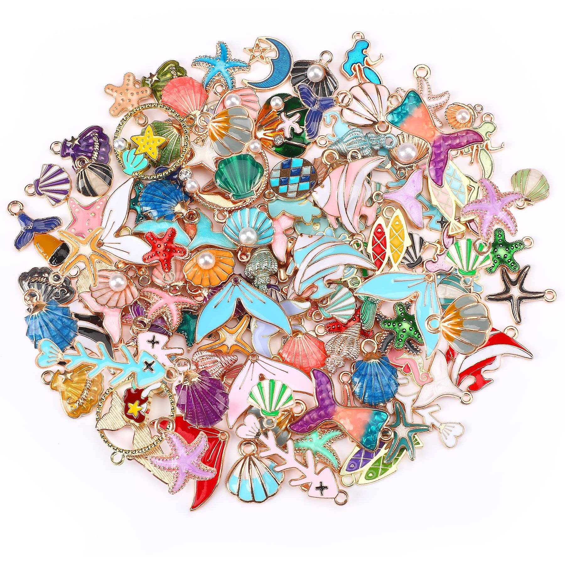 Marforever 120 Pcs Ocean Themed Sea Charms For Jewelry Making, Assorted Gold Enamel Starfish Seashell Marine Pendants For Necklace Earring Bracelet Crafting Holiday Gifts For Women Mom Girls