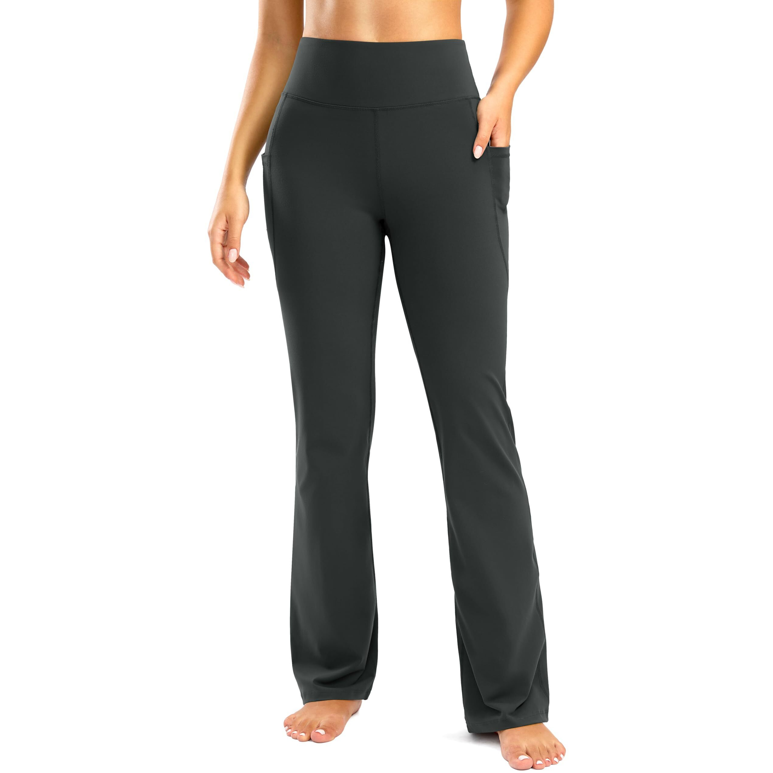28"/30"/32"/34" Inseam Women's Bootcut Yoga Pants Long Bootleg High-Waisted Flare Pants With Pockets Grk002-Dark_Grey28-L Dark Grey