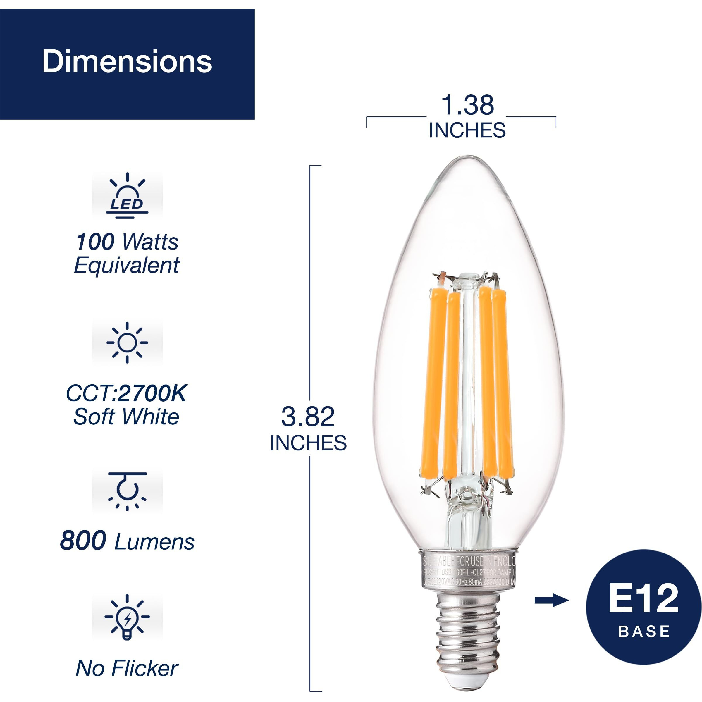 Flsnt 100W Equivalent Led Candelabra Bulbs, 800Lm Dimmable B11 E12 Led Chandelier Light Bulbs, 5.5W, 2700K Soft White, 6 Pack