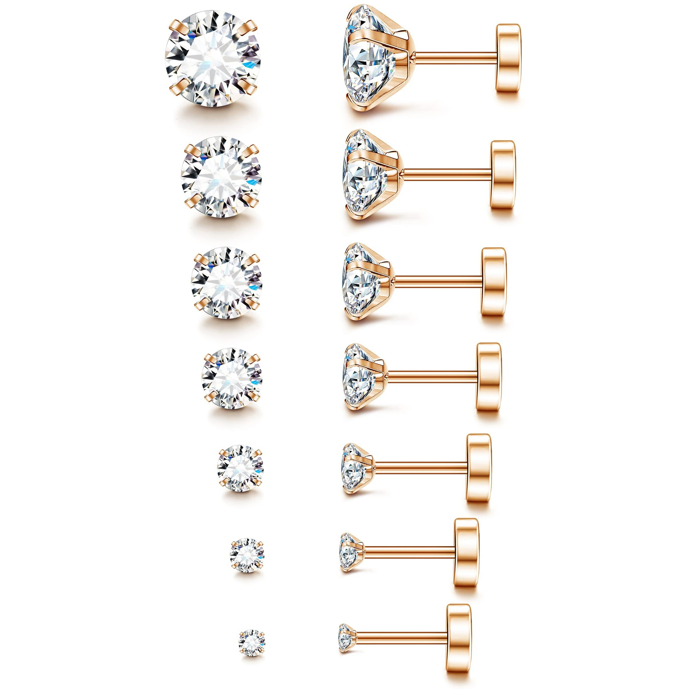 Fansilver 20G Hypoallergenic Flat Back Earrings For Women Men Silver 14K Gold Stainless Steel Stud Earrings Brithstone Cubic Zirconia Studs Surgical Steel Cartilage Earrings For Sensitive Ears