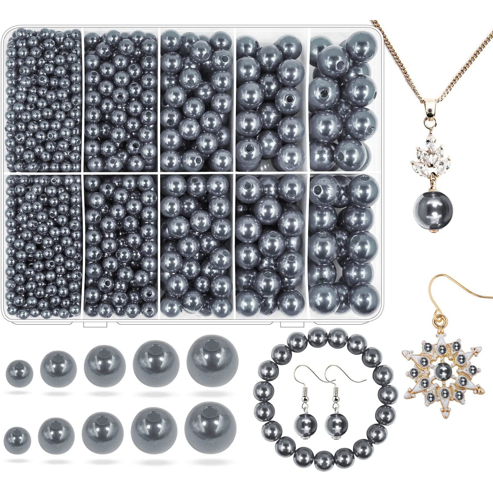 Grey Pearl Beads For Jewelry Making, 1750Pcs Grey Pearl Craft Bead With Hole 4Mm 6Mm 8Mm 10Mm 12Mm Loose Spacer Bead For Necklace Bracelet Earrings Ring Choker Wedding Dress Decor (Grey)