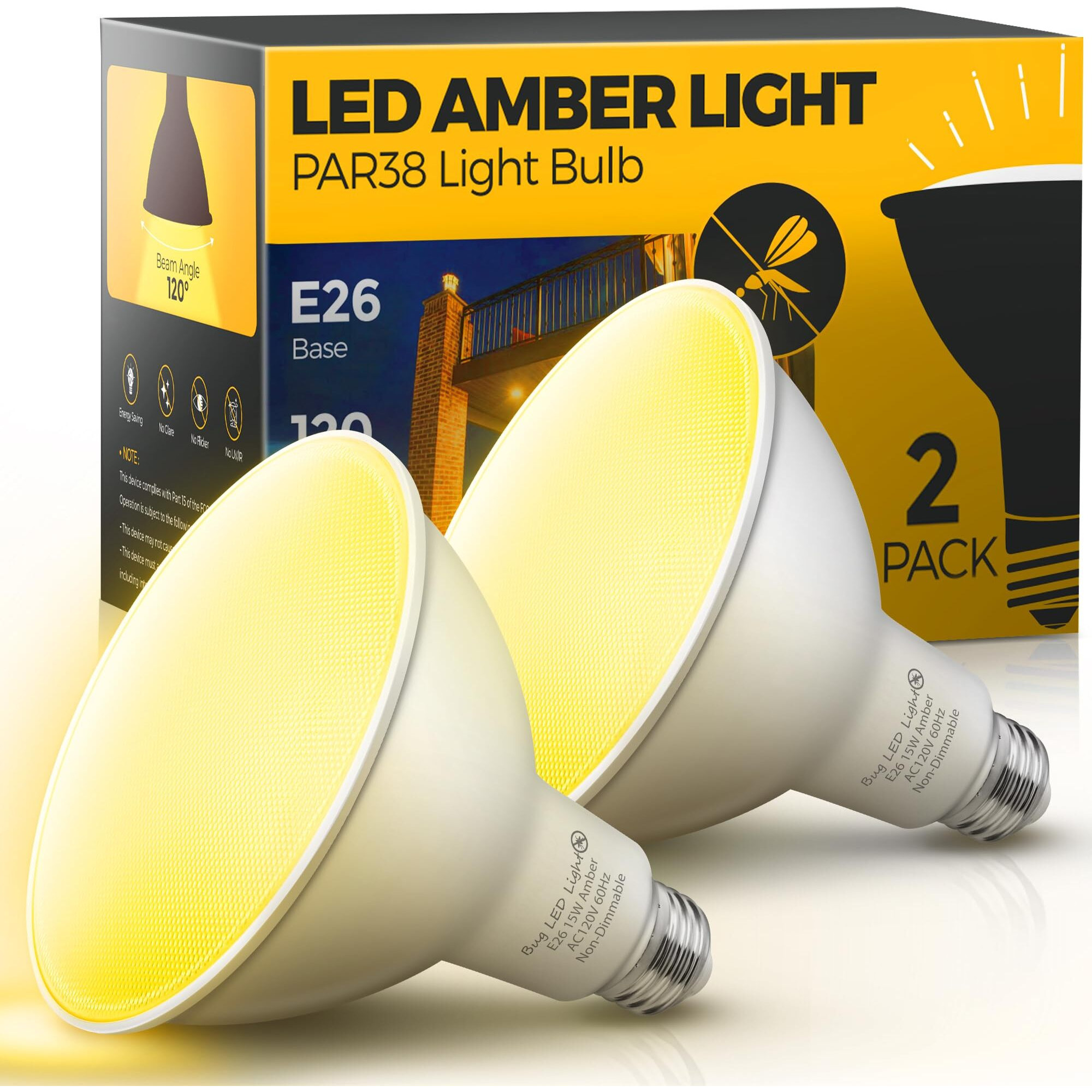 Lohas Yellow Bug Light Bulbs Outdoor, Par38 Led Flood Light Outside, 150-200W Equivalent 2000K Non-Attracting, 15W 1100Lm Non-Dimmable Amber Porch Lights, E26 Base For Patio, Backyard, Party, 2 Pack