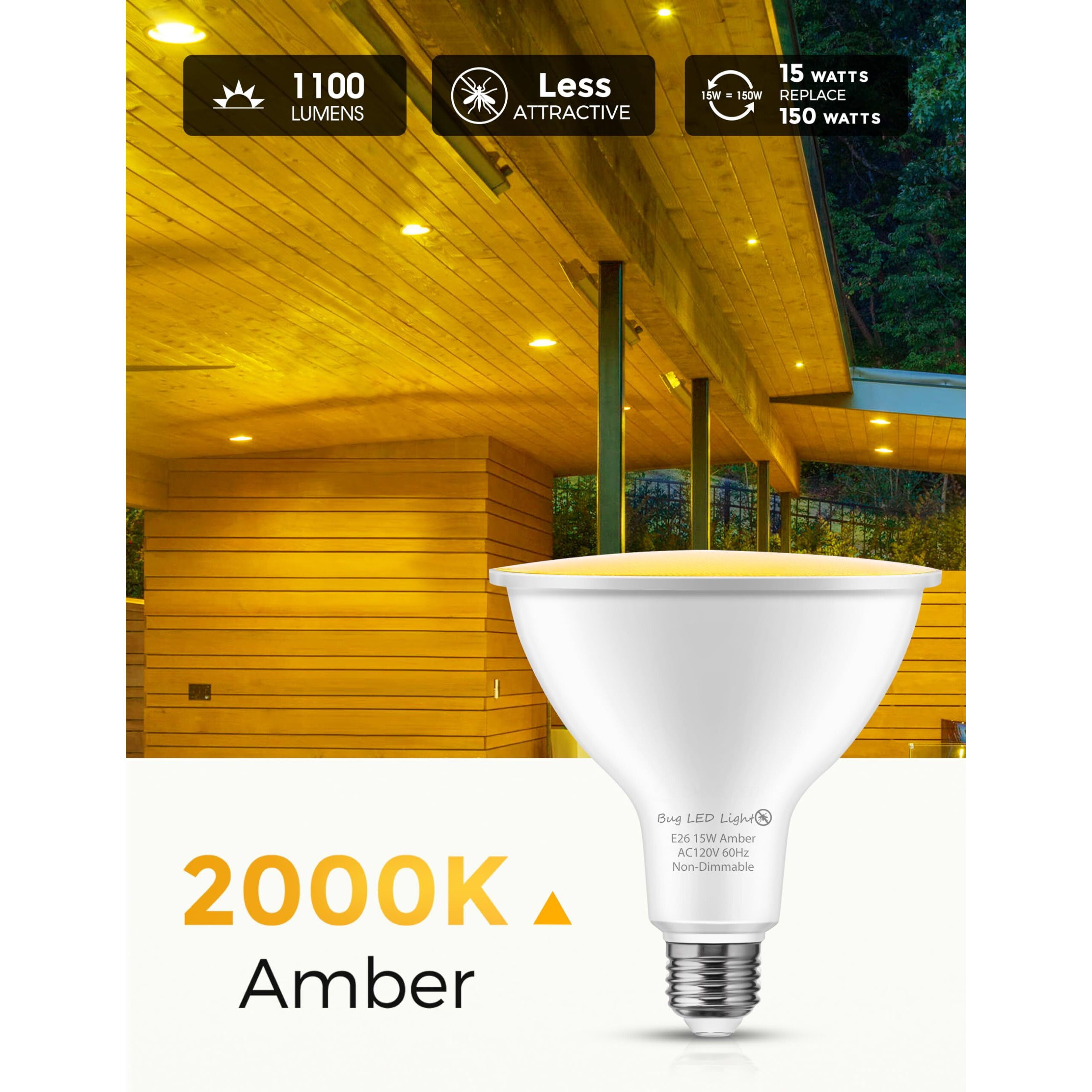 Lohas Yellow Bug Light Bulbs Outdoor, Par38 Led Flood Light Outside, 150-200W Equivalent 2000K Non-Attracting, 15W 1100Lm Non-Dimmable Amber Porch Lights, E26 Base For Patio, Backyard, Party, 2 Pack