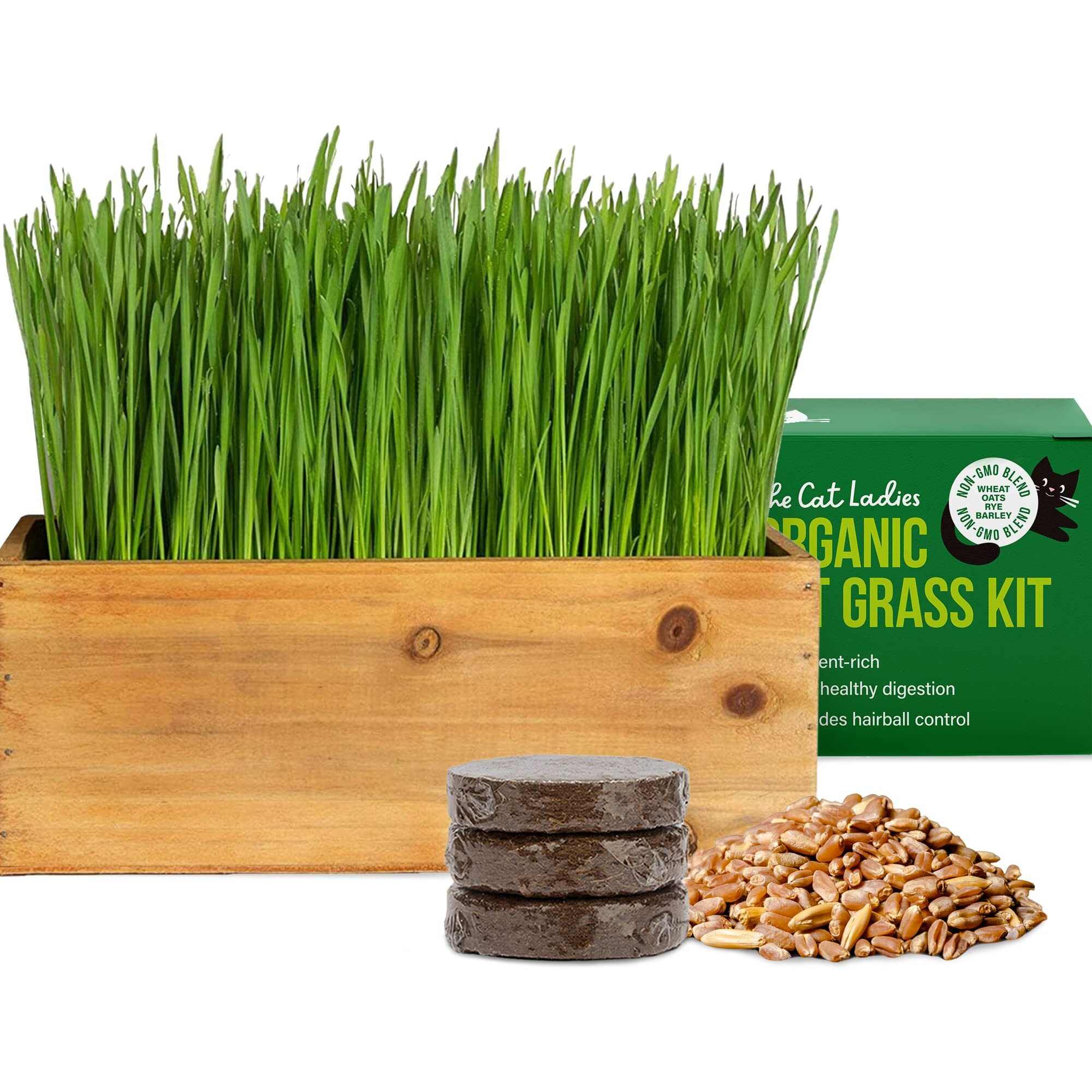 The Cat Ladies Cat Grass Kit (Organic) With Rustic Wood Planter, Seed And Soil Easy To Grow For Indoor Or Outdoor Cats, Dogs And Other Pets Prevent Hairballs And Aid Digestion