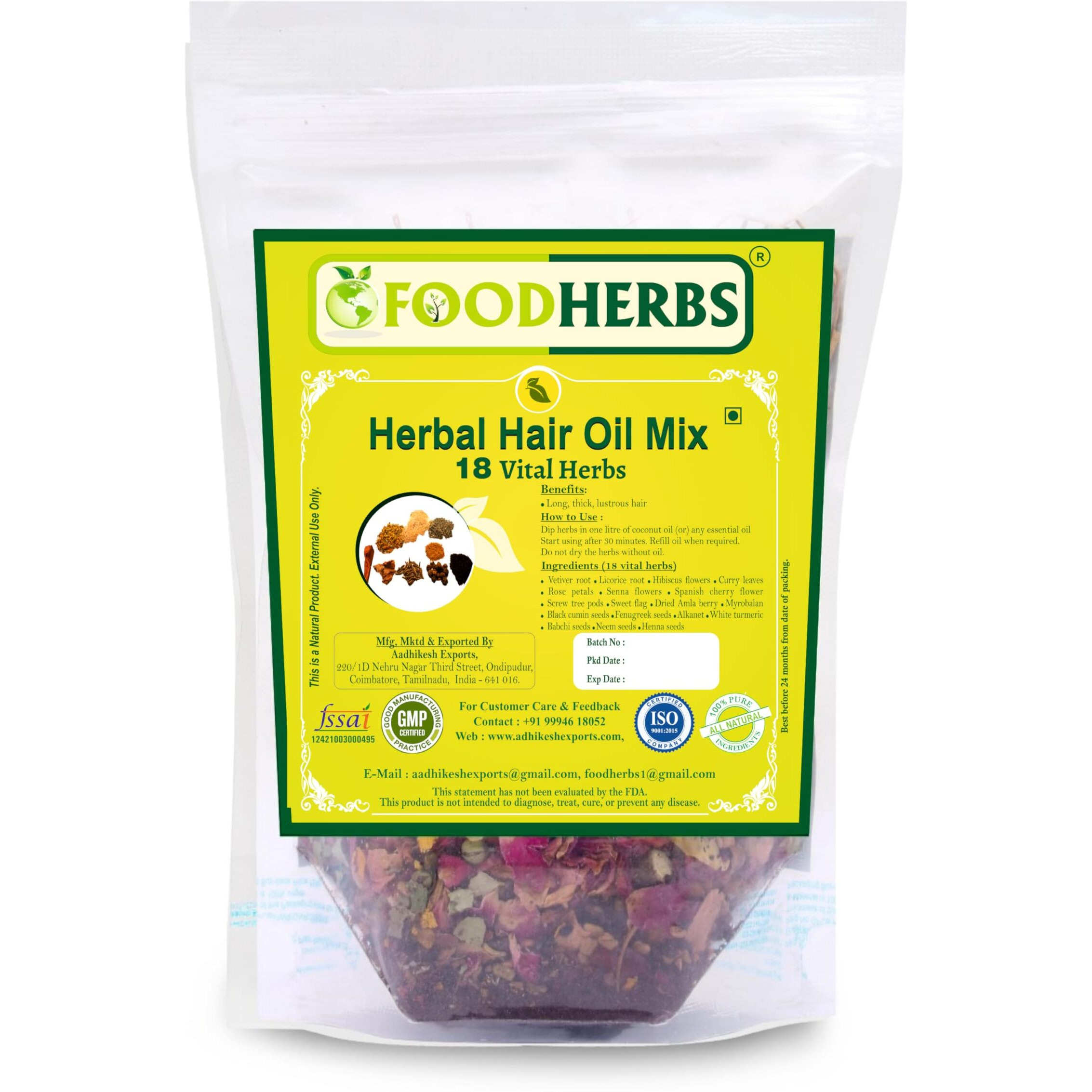 Foodherbs Herbal Hair Oil Mix | Herbs For Hair Growth | 18 Vital Herbs For Long, Thick, And Lustrous Hair | Hair Care Product For Women And Men | Diy Oil Infusion