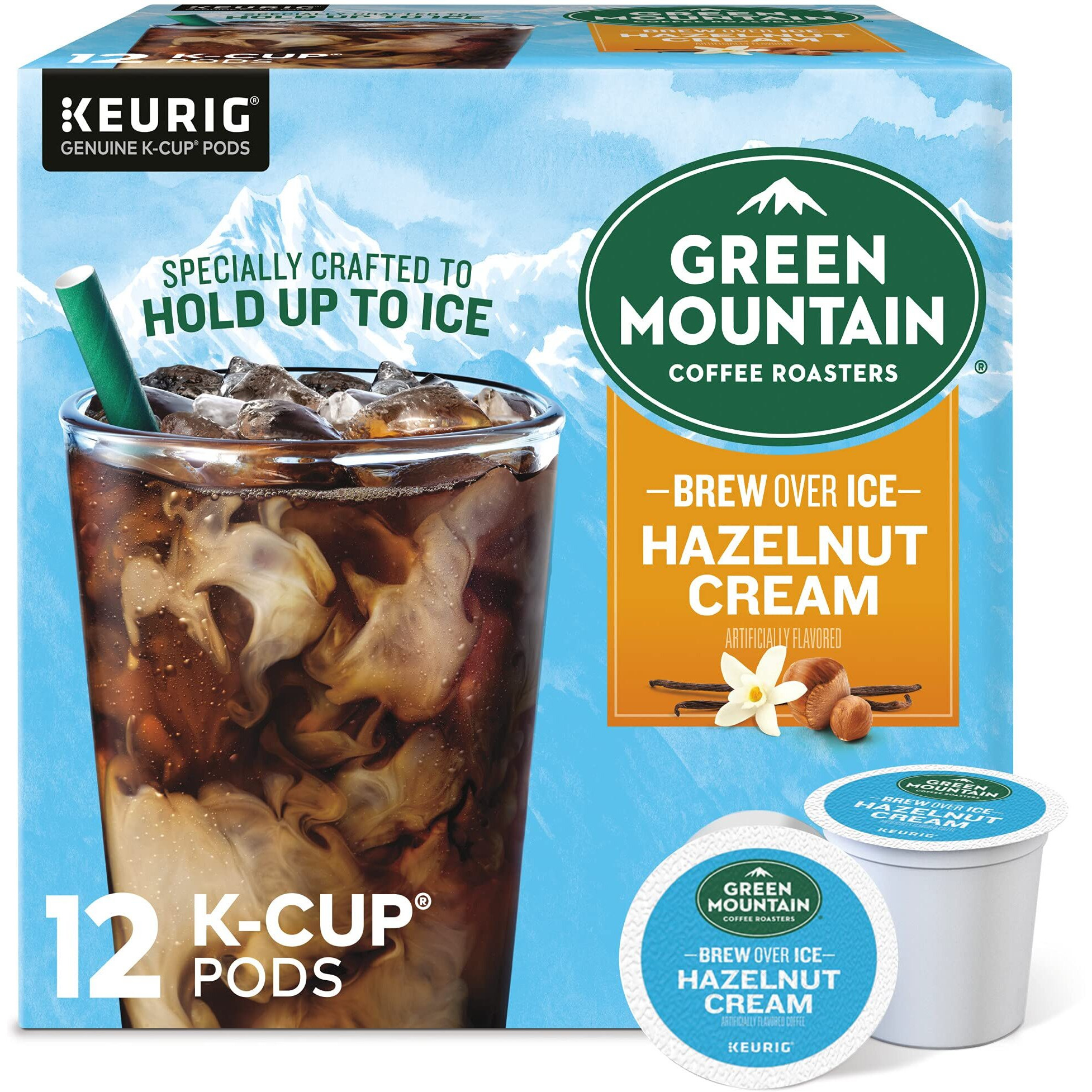 Green Mountain Coffee Roasters Brew Over Ice Hazelnut Cream, Single Serve Keurig K-Cup Pods, Flavored Iced Coffee, 12 Count