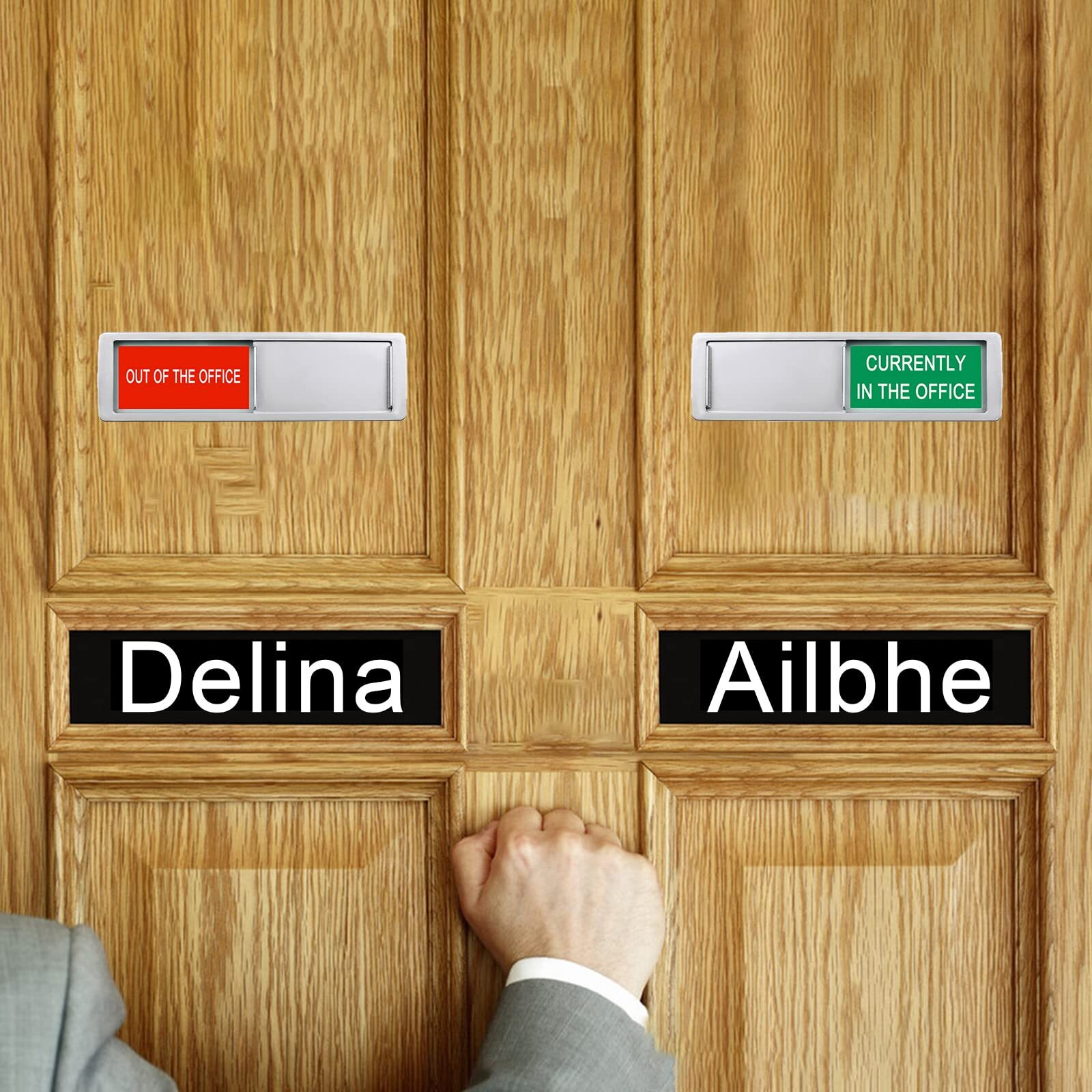 Office Door Sign,Out Of The Office Currently In The Office For Door Sign,Easy To Read Non-Scratch Magnetic Slider Door Indicator Sign (7'' X 2'' - Silver)