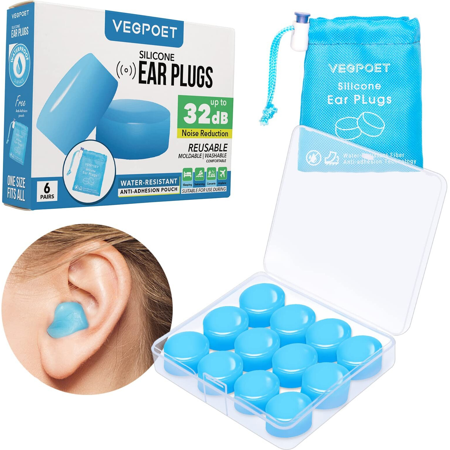 Ear Plugs For Sleeping - Vegpoet Reusable Moldable Silicone Earplugs Noise Cancelling Reduction For Concerts, Swimming, Shooting, Snoring, Airplane, Musicians, Motorcycle, 12 Pack