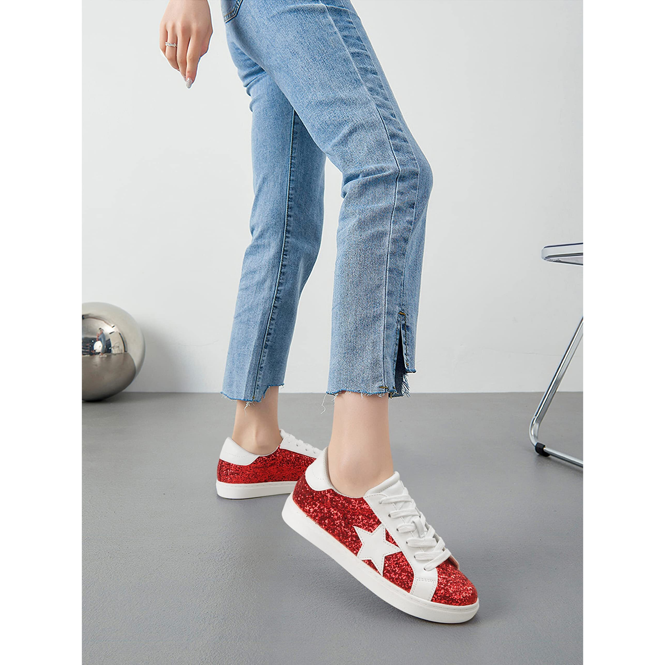 Party Women's Fashion Star Sneaker Lace Up Low Top Comfortable Cushioned Walking Shoes,Podcast-Red Glitter-6.5