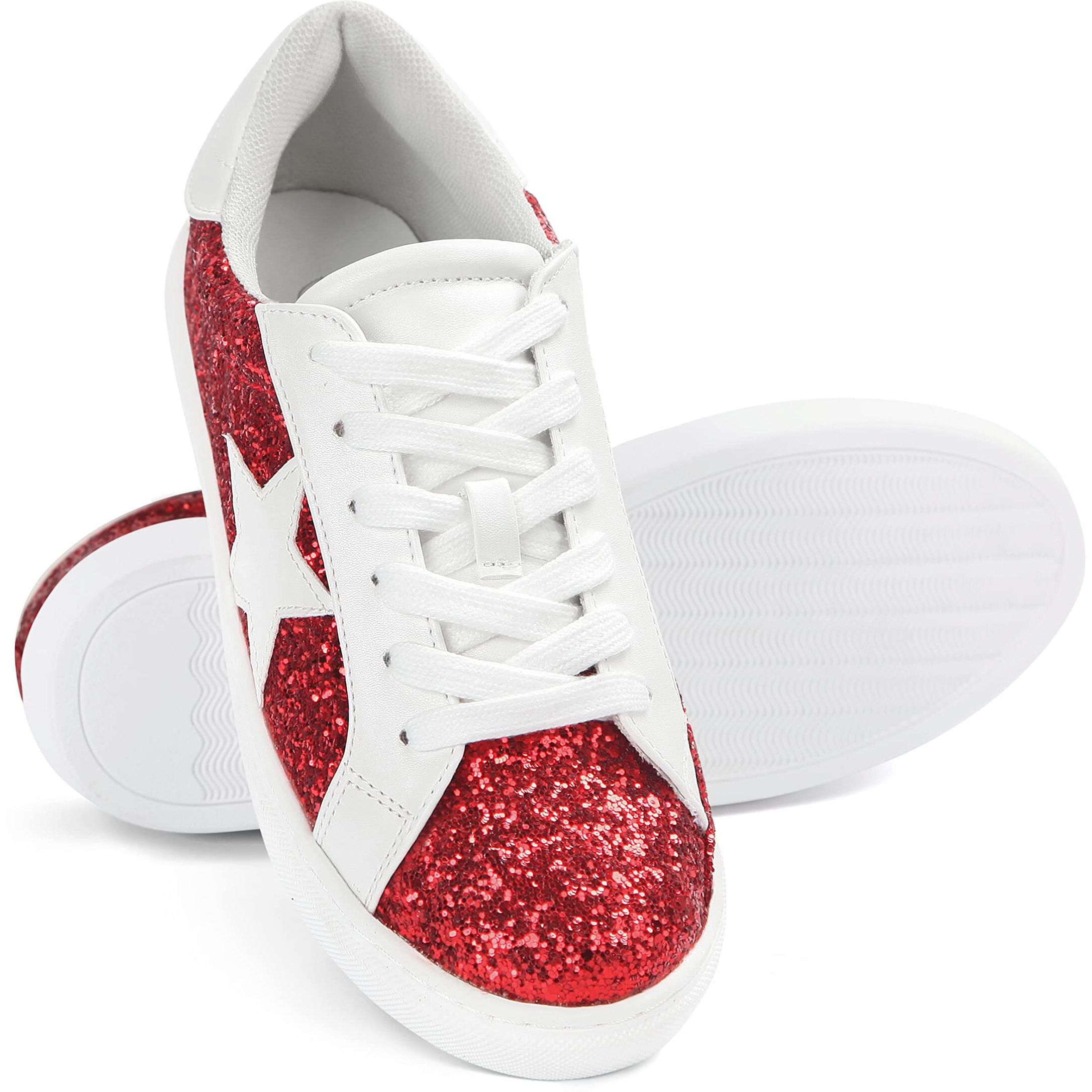 Party Women's Fashion Star Sneaker Lace Up Low Top Comfortable Cushioned Walking Shoes,Podcast-Red Glitter-6.5
