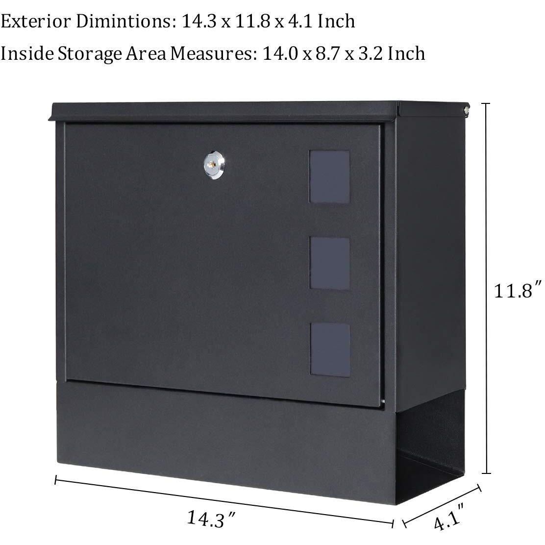 Locking Mailbox Wall Mounted Vertical- Jssmst Mailboxes With Key Lock Large Capacity, 14.3 X 4.1 X 11.8 Inch, Black, Sm-Hpb911Bn