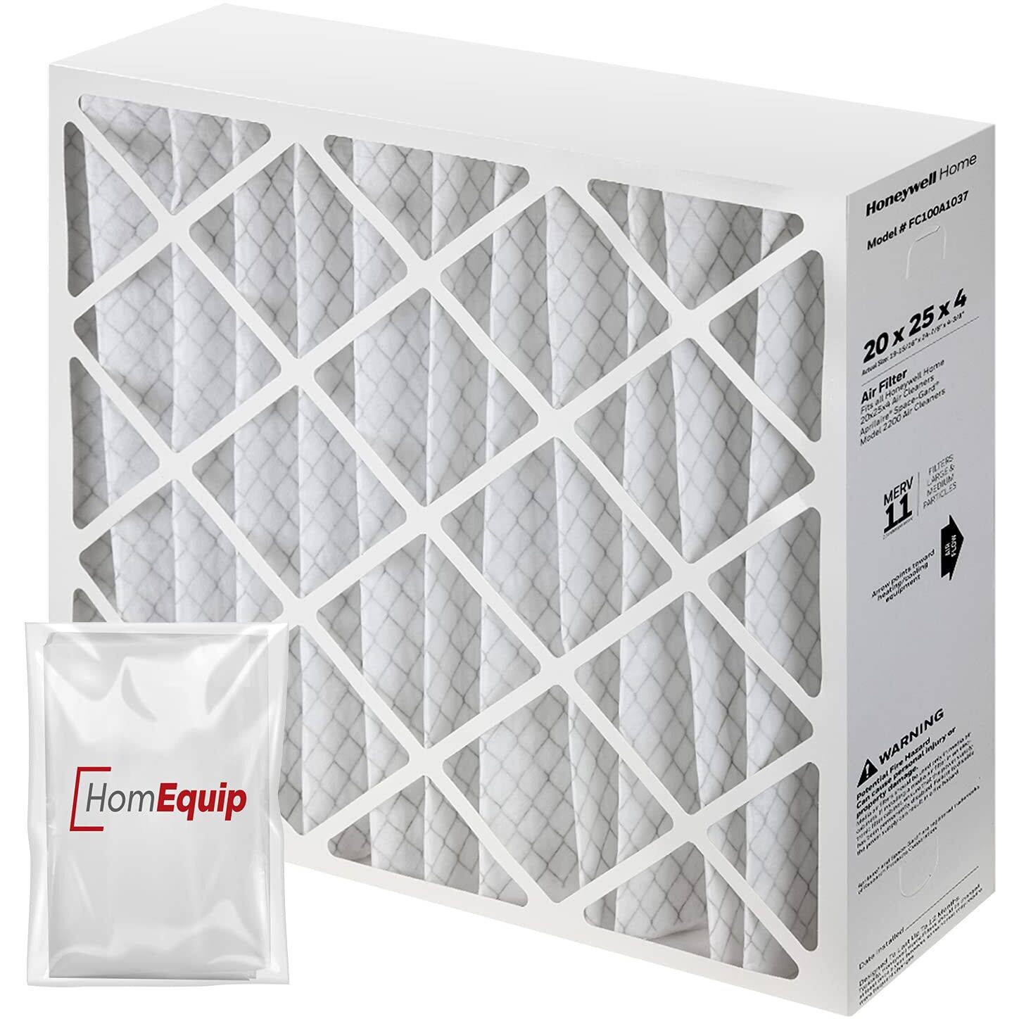 Honeywell 20X25X4 Ac Furnace Air Filter, Fc100A1037 Filter Replacement, Merv 11 Filter Media With Homequip Disposal Bag 1-Pack (Actual Size 1994 X 2486 X 438 Inches)