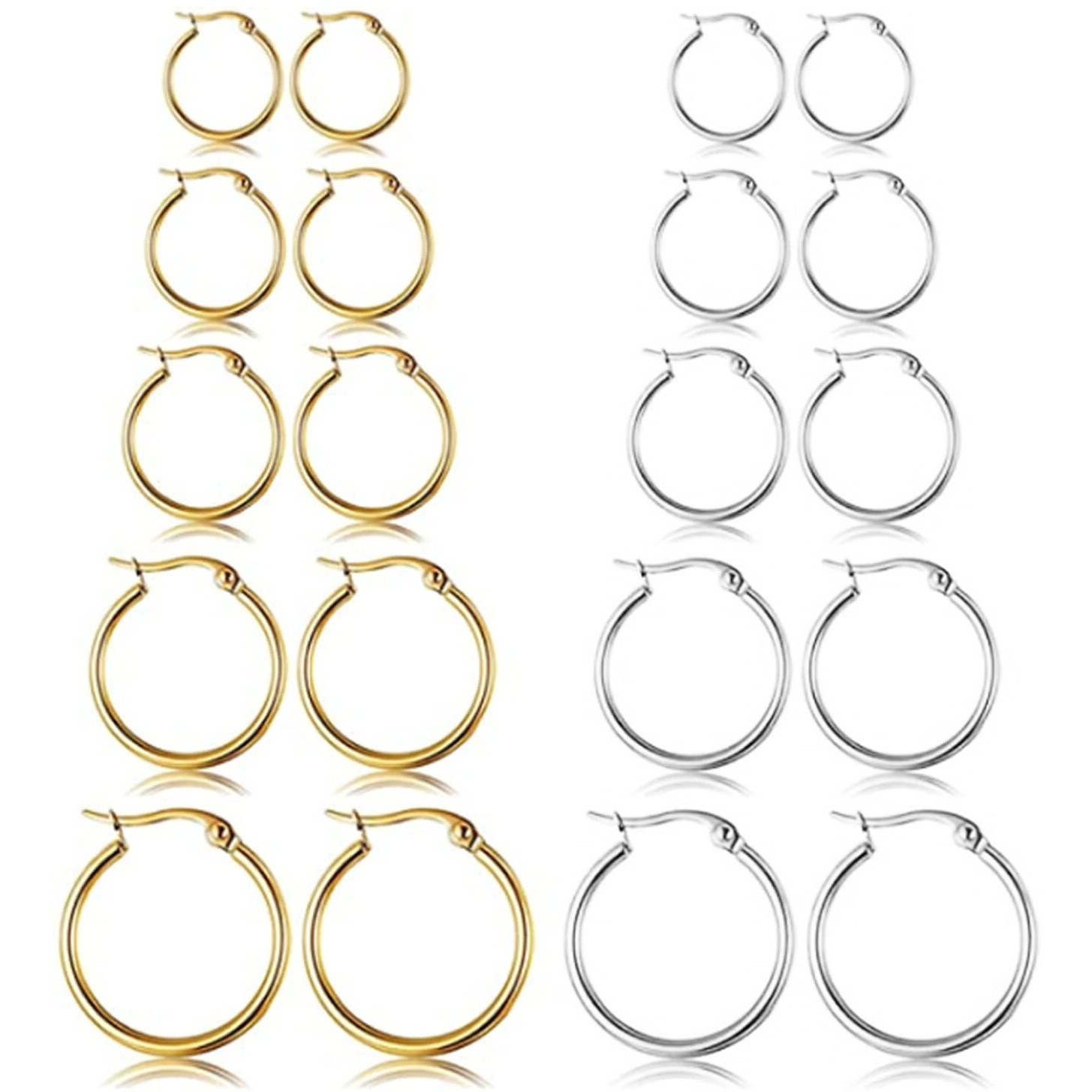 10 Pairs Silver Gold Hoop Earrings Set For Women Surgical Steel Hoop Earrings Lightweight Hypoallergenic Tiny Small Hoops For Men (8Mm 10Mm 12Mm 14Mm 16Mm)