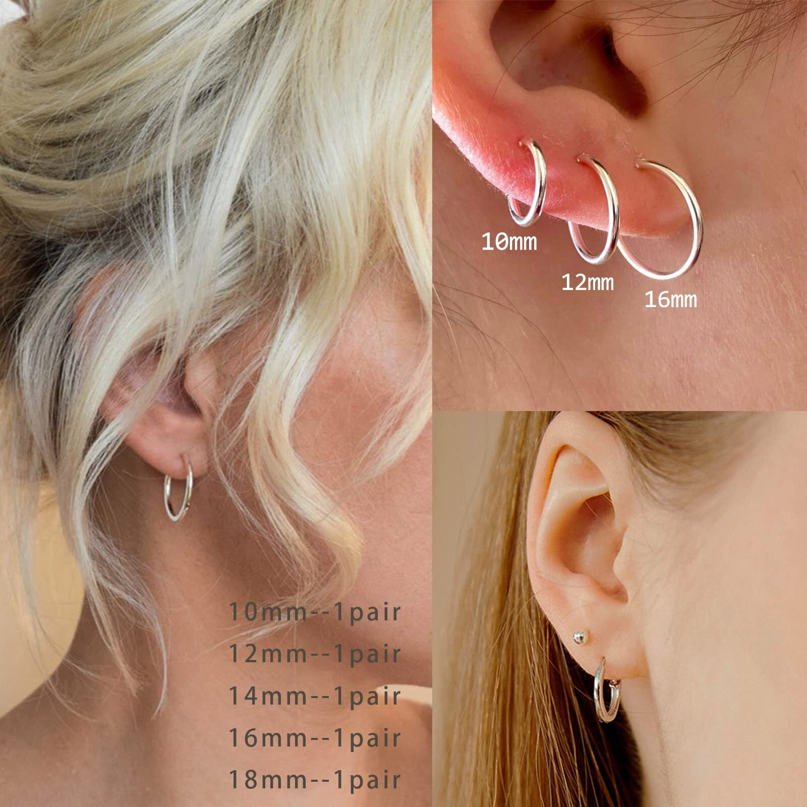 10 Pairs Silver Gold Hoop Earrings Set For Women Surgical Steel Hoop Earrings Lightweight Hypoallergenic Tiny Small Hoops For Men (8Mm 10Mm 12Mm 14Mm 16Mm)