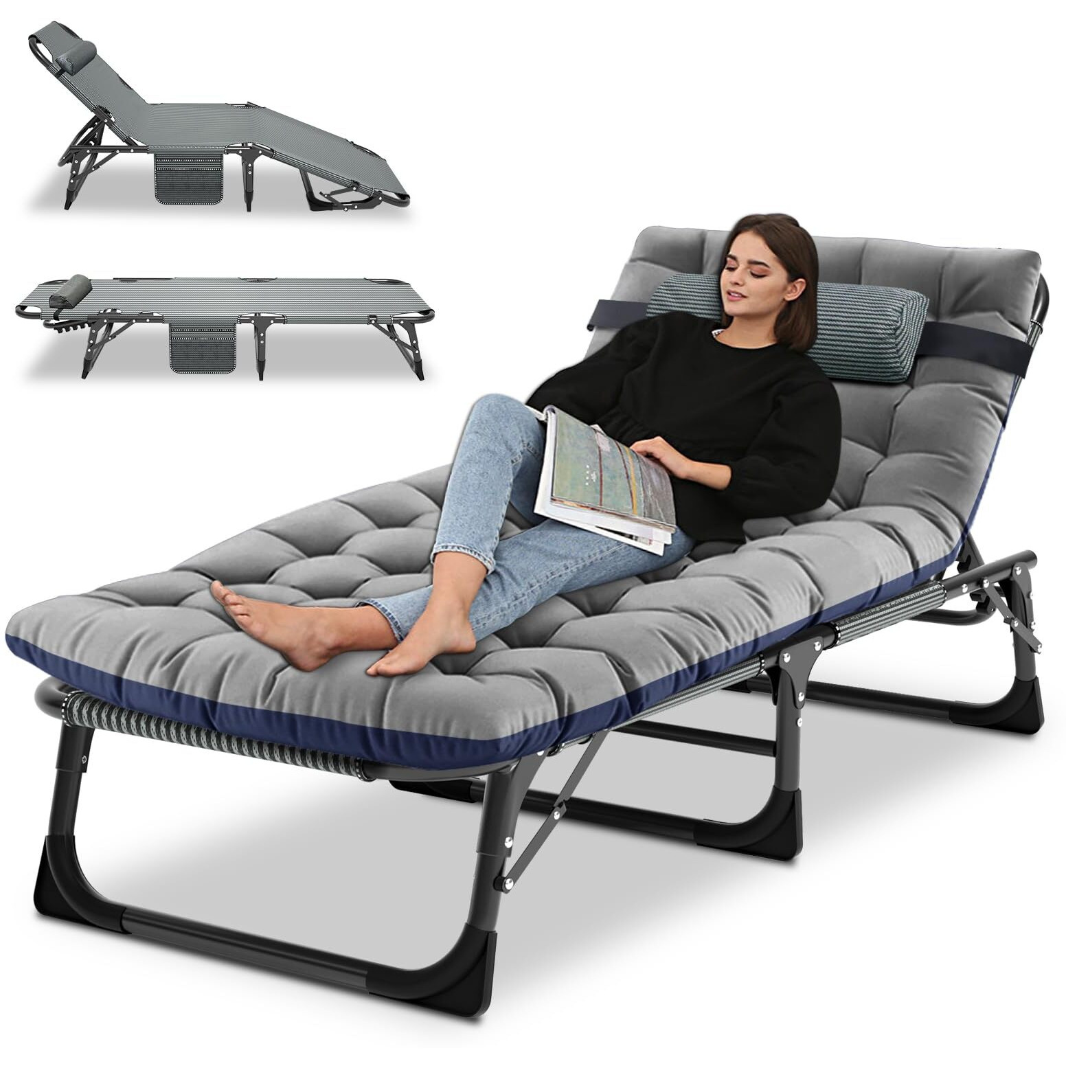Camping Cot, Adjustable 4-Position Adults Reclining Folding Chaise With Pillow, Outdoor Portable Lounge Chair Sleeping Cots Bed, Perfect For Camping, Pool, Beach, Patio