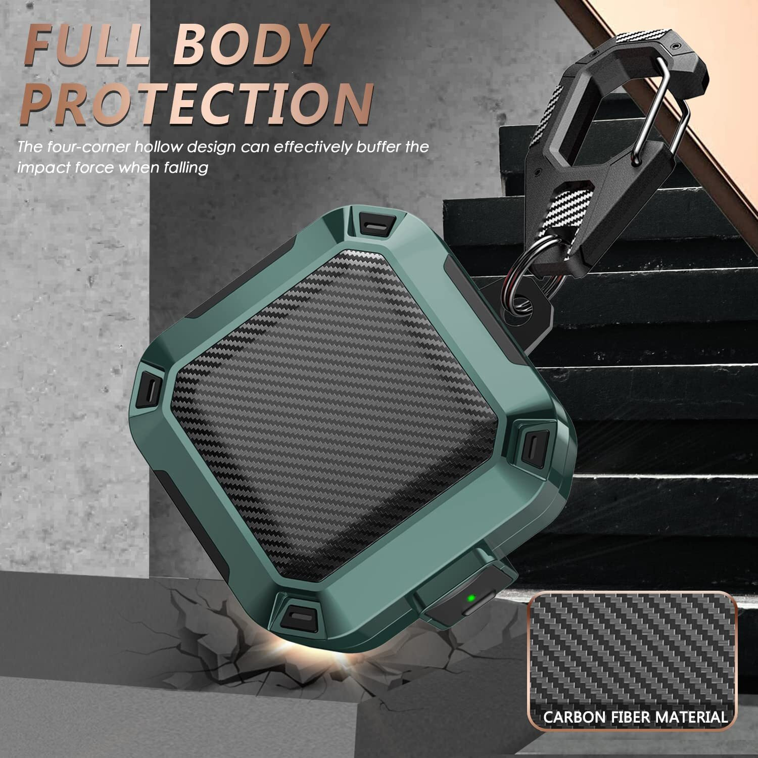 With Safety Lock Case For Beats Fit Pro 2021, Carbon Fiber Material Shock-Absorbing Hard Shell Beats Fit Pro Earbuds Case Cover With Keychain/Storage Box/Cleaning Kit - Green