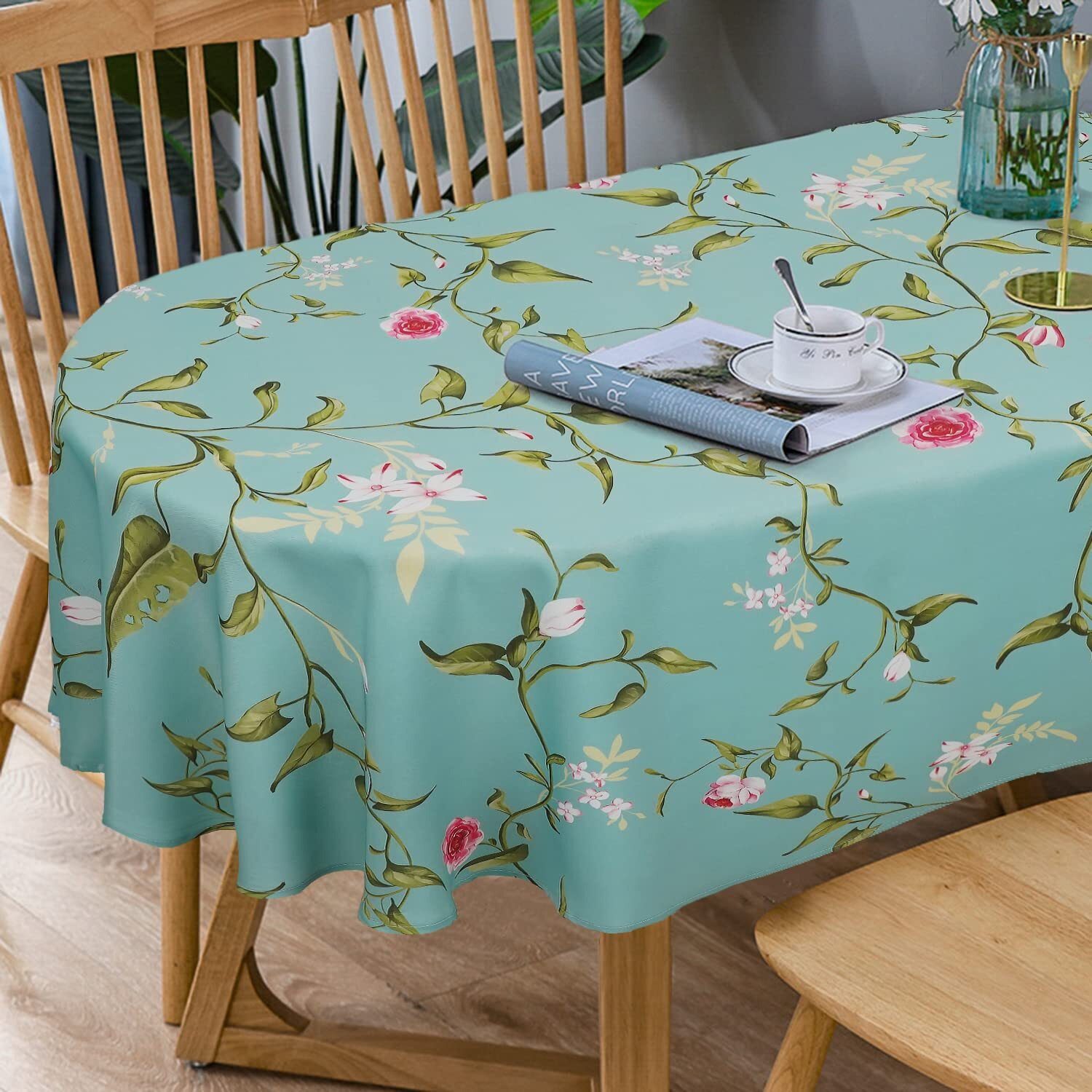 Bnejvif Plum Flower Oval Print Tablecloth, Spring Patterned Oval Tablecloth, Summer Food Network Oval Tablecloth Waterproof Wrinkle Free Durable Tablecloth For Oval Tables 60 X 102 Inch