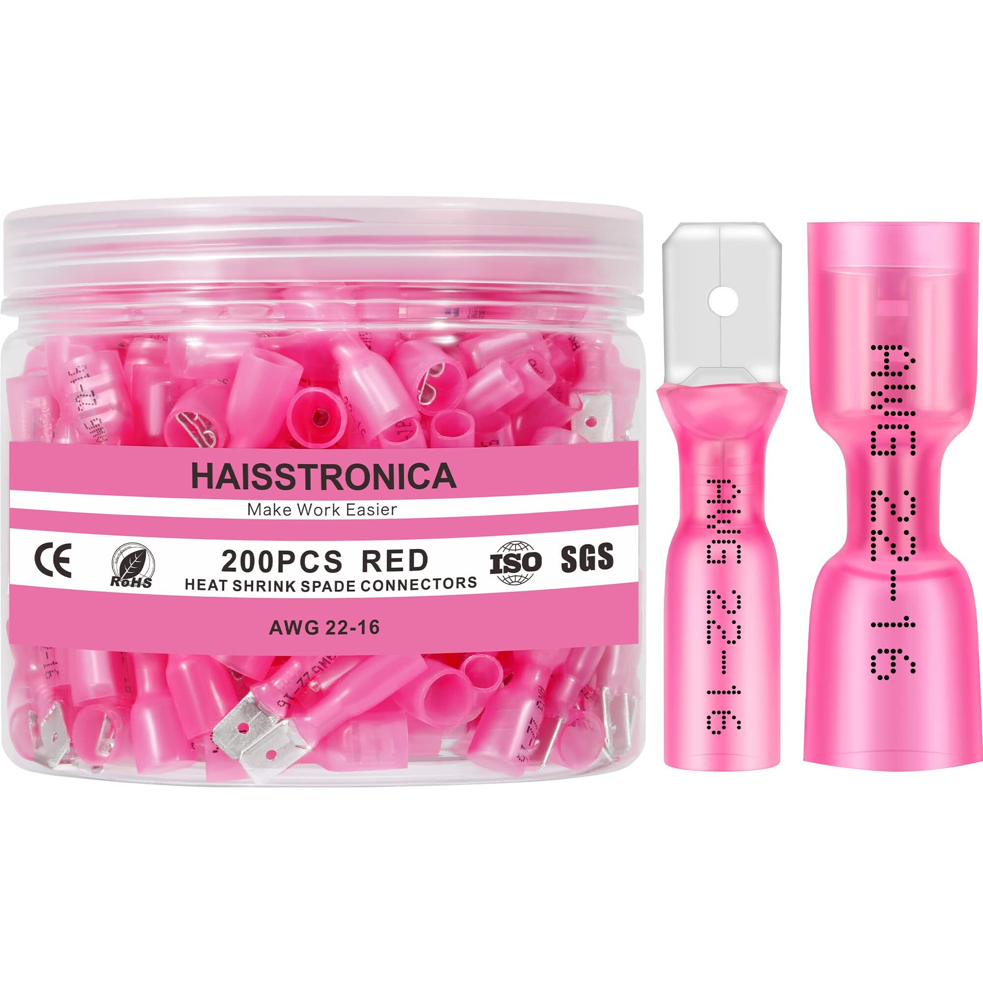 Haisstronica 200Pcs Red Heat Shrink Spade Connectors,Awg 22-16 Heat Shrink Spade Terminlas Kit,Male And Female Electrical Quick Disconnect Wire Connectors