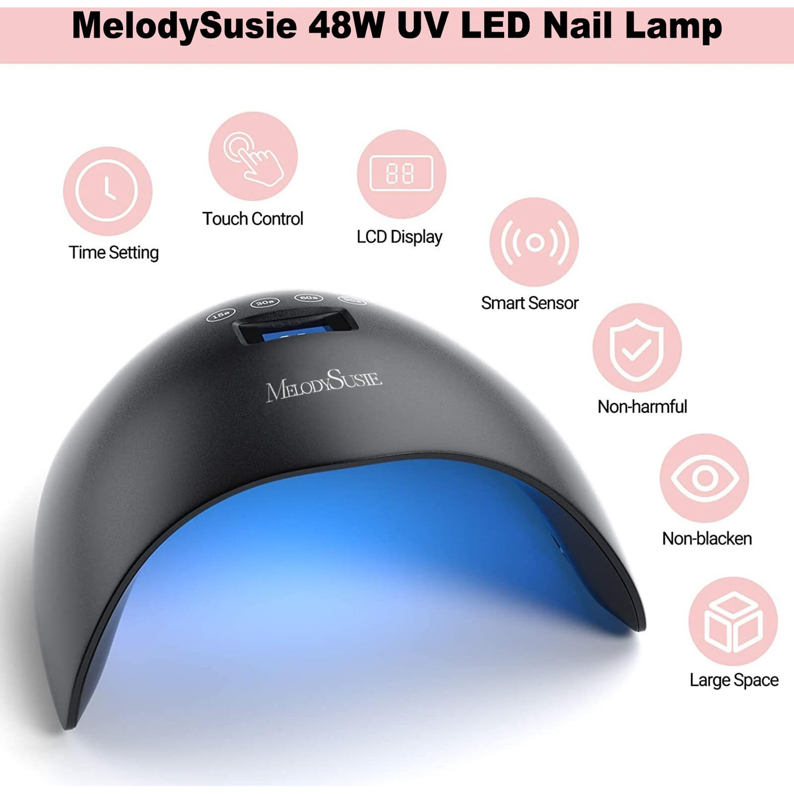 Melodysusie 48W Led Uv Nail Lamp - Black, Energy Efficient, 365Nm-405Nm Wavelength, Compatible With Most Gels, 4 Timer Settings, Infrared Sensor, User-Friendly Design, Widely Applications
